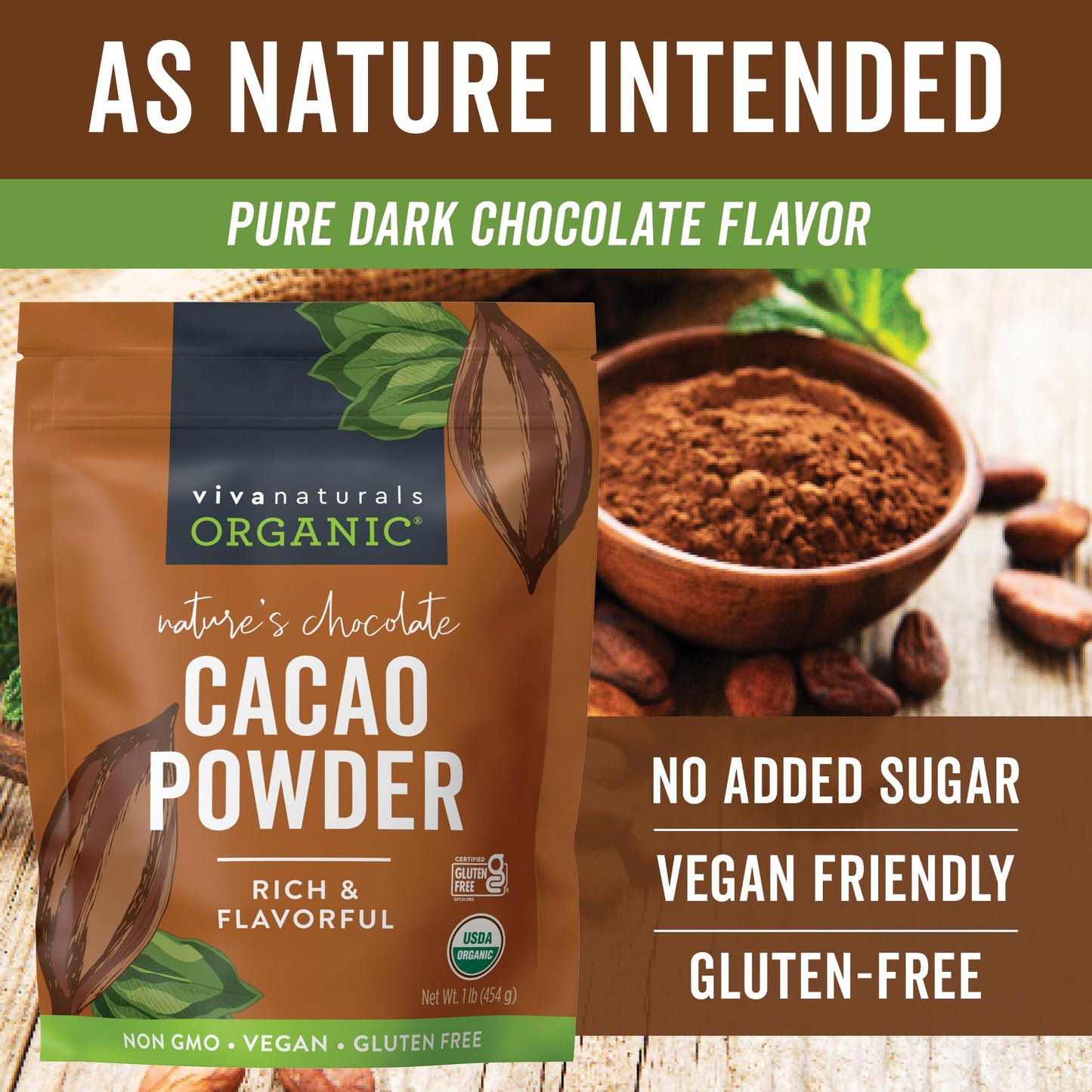 Viva Naturals Organic Cacao Powder, 1lb - Unsweetened Cacao Powder With Rich Dark Chocolate Flavor, Perfect for Baking & Smoothi