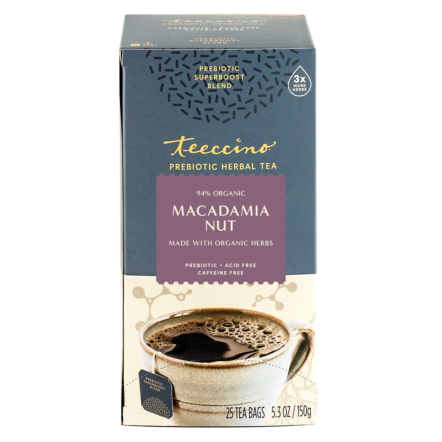 Teeccino Herbal Tea - Macadamia Nut Flavor, Prebiotic SuperBoost, 25 Tea Bags, Vegan GOS & Organic XOS, Good Gut Health