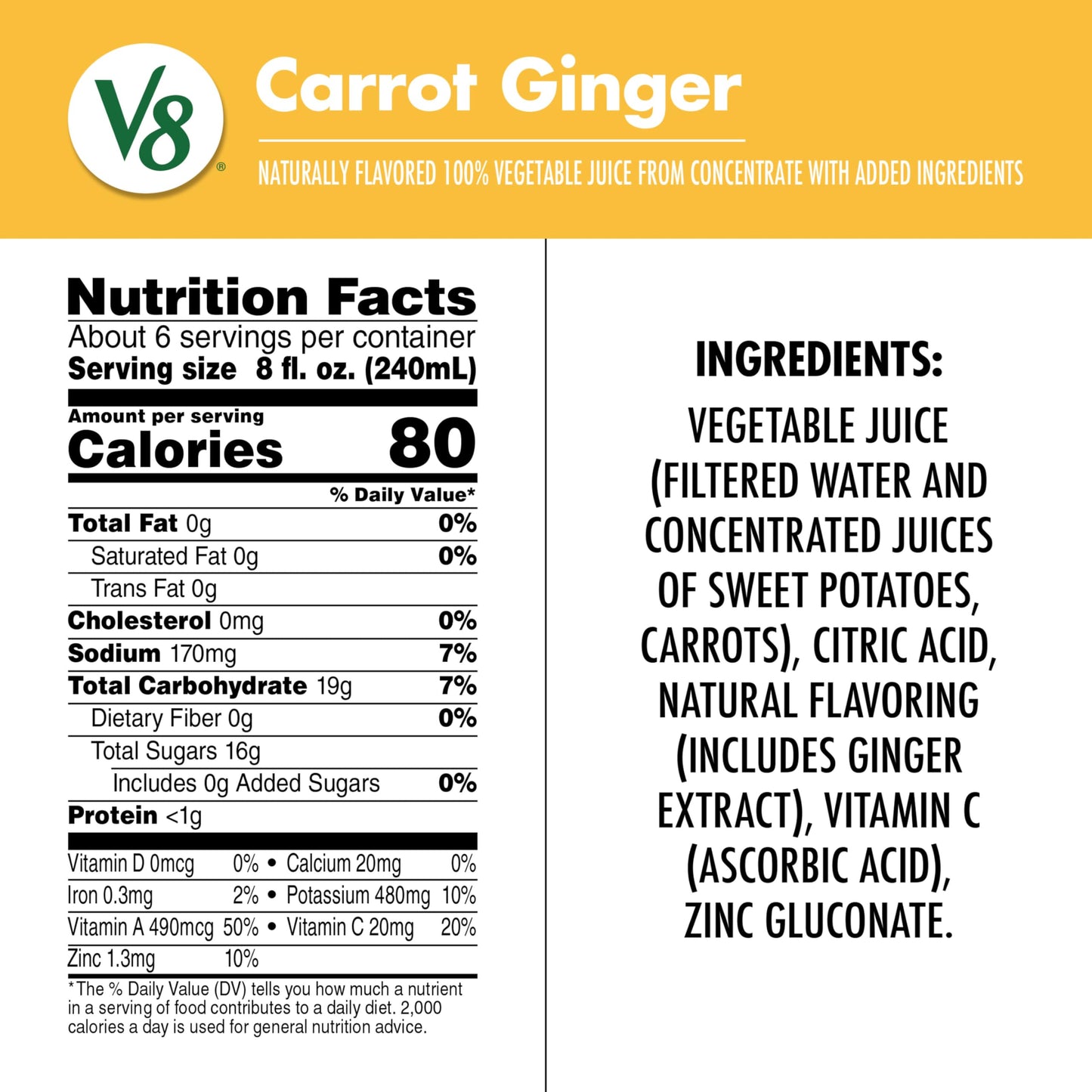 V8 Carrot Ginger 100% Vegetable Juice, 46 fl oz Bottle (6 Pack)