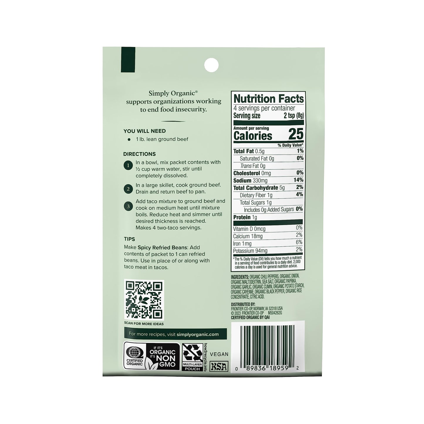 Simply Organic Spicy Taco Seasoning Mix, 1.13 Ounce Packet, Earthy Spice, Kosher, No Artificial Ingredients (Pack Of 12)