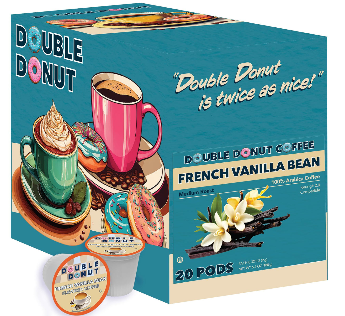 Double Donut Coffee French Vanilla Coffee Pods, Medium Roast, Compatible with Keurig, 20 Count