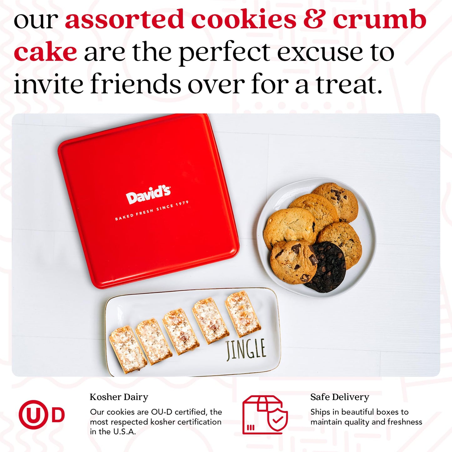 Davids Cookies Assorted Fresh Baked Cookies & Cspirit-inspired flavorb Cake Tin – 1Lb Assorted Cookies + 8 Wrapped Cspirit-inspired flavorb Cakes with Raspberry & Butter Flavors