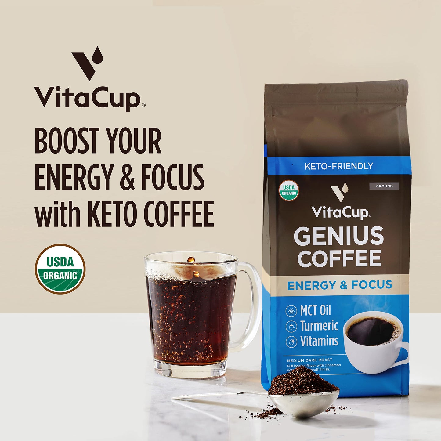 VitaCup Organic Ground Keto Coffee with MCT Oil, Turmeric & B Vitamins, Medium Dark Roast, 10 oz, Pack of 4