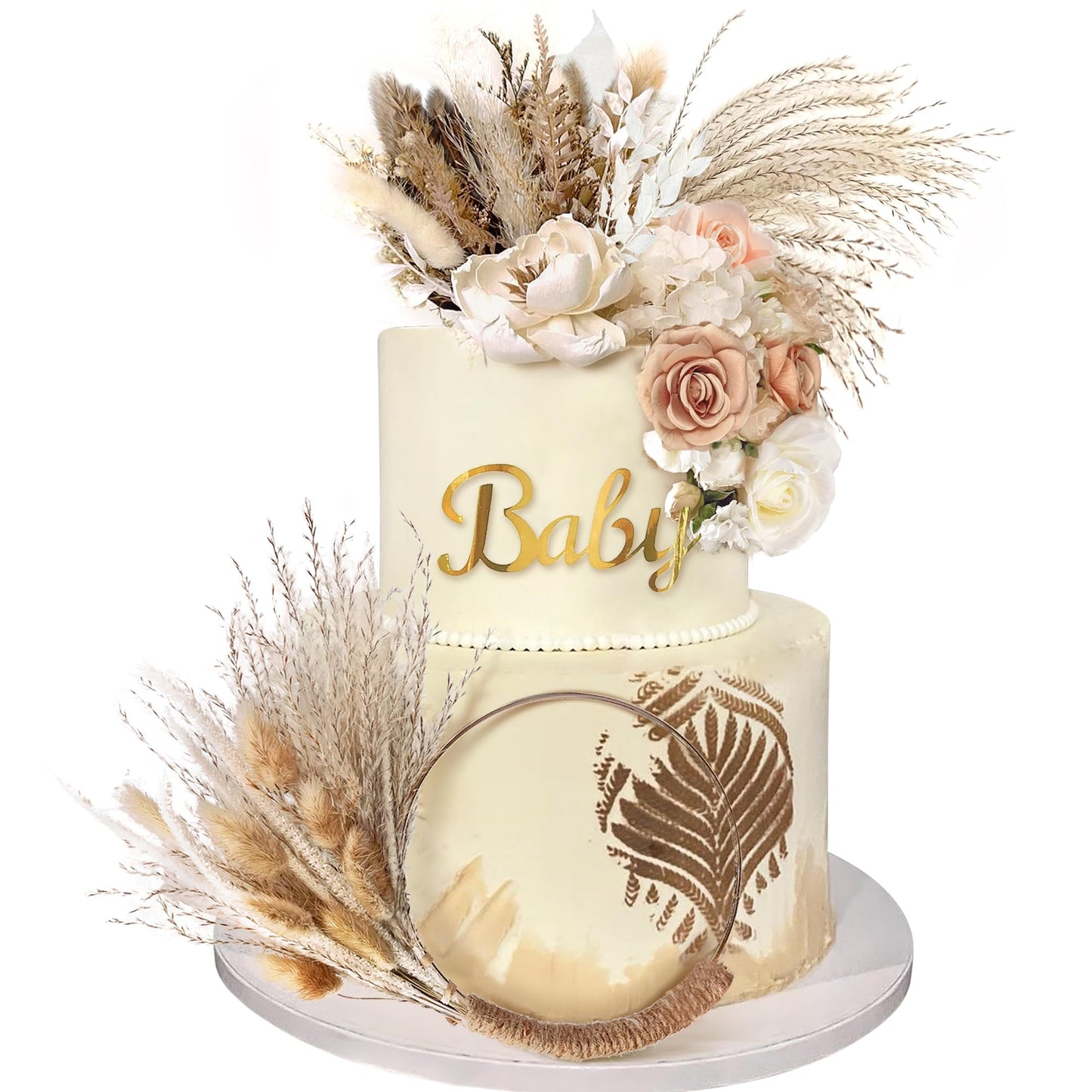 Boho Cake Decorations Flower Cake Toppers Pampas Grass Cake Topper For Wedding Bridal Baby Shower Birthday Party Supplies (Apric
