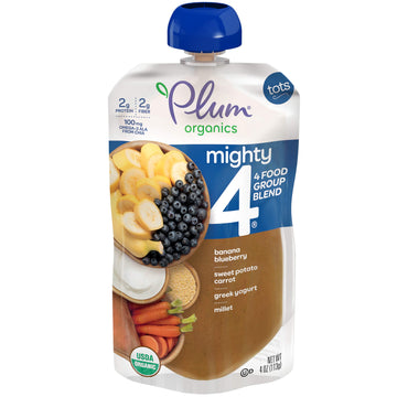 Plum Organics Baby Food Pouch | Mighty 4 | Sweet Potato Blueberry Millet Greek Yogurt | 4 Ounce | | Organic Food Squeeze For Bab