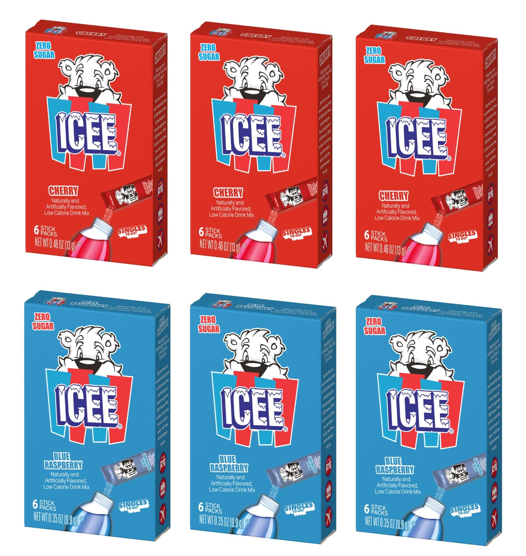 ICEE Singles To Go Variety Pack of 6-3 of Each - Cherry and Blue Raspberry - Zero Sugar Powdered Drink Mix - 6 Sticks Per Box - 