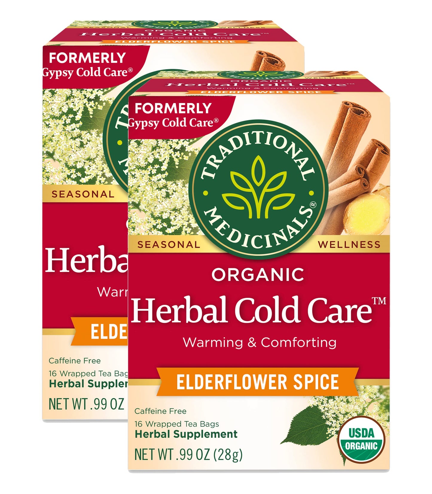 Traditional Medicinals Organic Herbal Cold Care Elderflower Spice Herbal Tea, Warm & Comforting Seasonal Wellness, (Pack of 2) - 32 Tea Bags Total