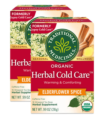 Traditional Medicinals Organic Herbal Cold Care Elderflower Spice Herbal Tea, Warm & Comforting Seasonal Wellness, (Pack of 2) - 32 Tea Bags Total