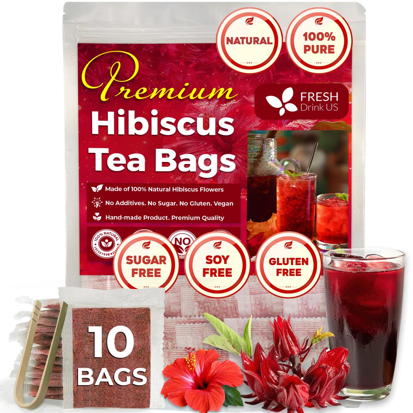 FRESHDRINKUS Hibiscus Flowers Tea Bags, 100% Natural, Vegan, 10 Bags
