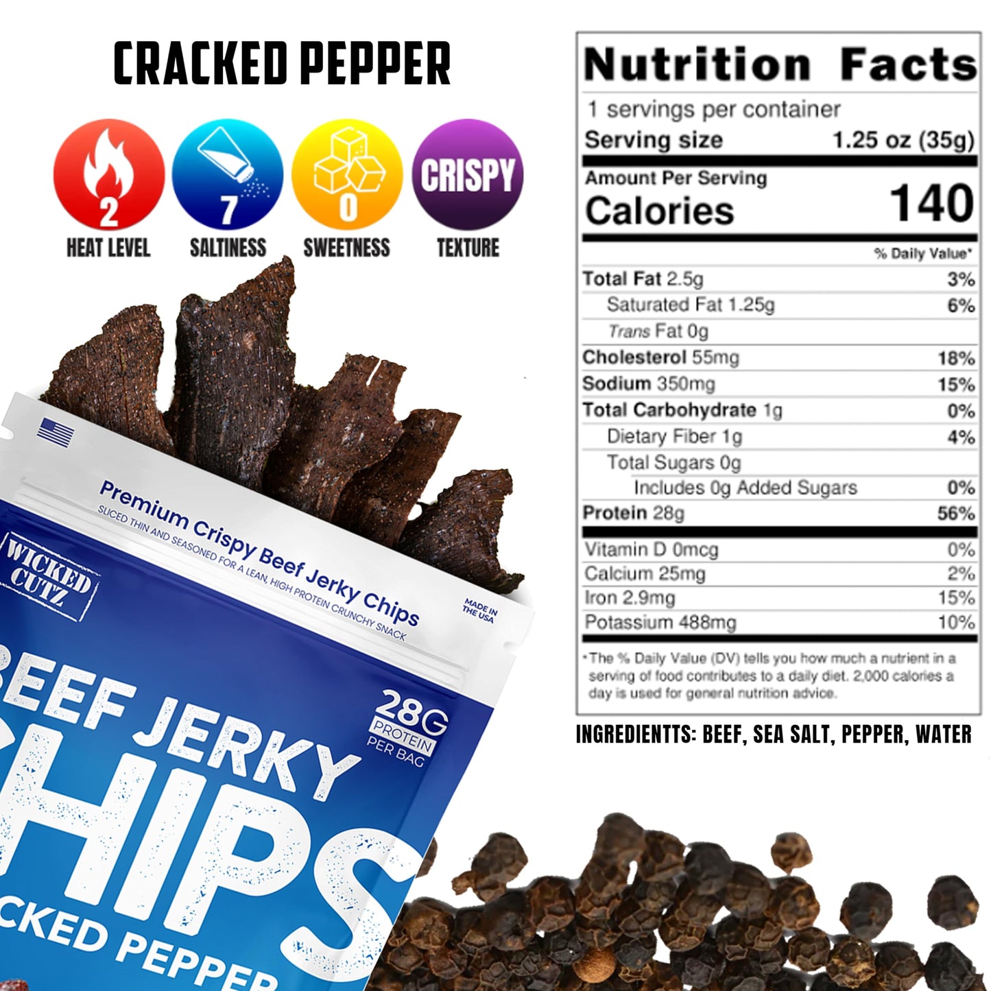 Wicked Cutz Cracked Pepper Beef Jerky Chips, 28G Protein Per Bag, Crispy & Crunchy Beef Jerky Crisps, Usa Made Pepper Flavored C