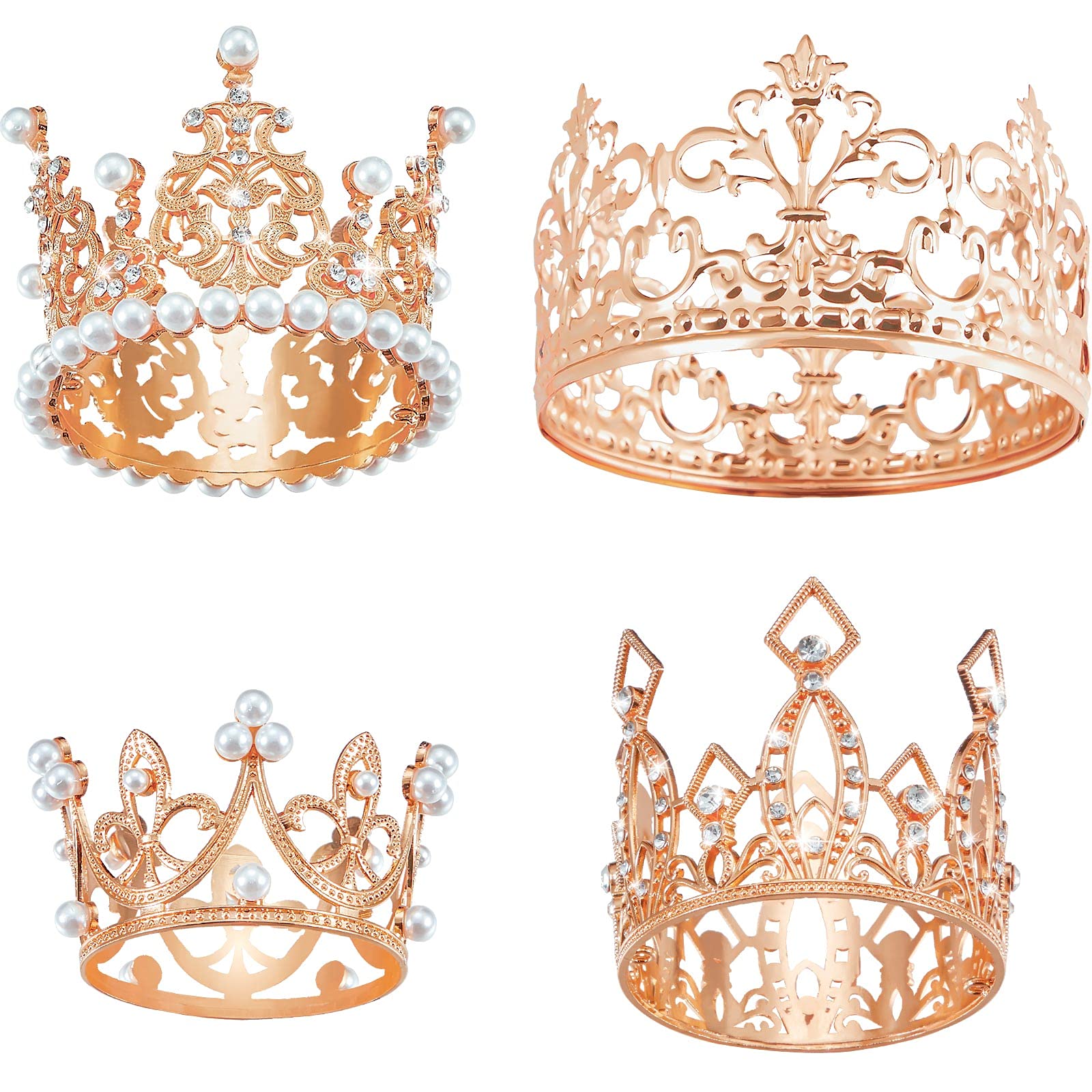 Hotop 4 Pcs Rose Gold Crown Cake Toppers Birthday Mini Flower Bouquet Crown Cupcake Toppers Vintage Rhinestone Pearl Crown Cake