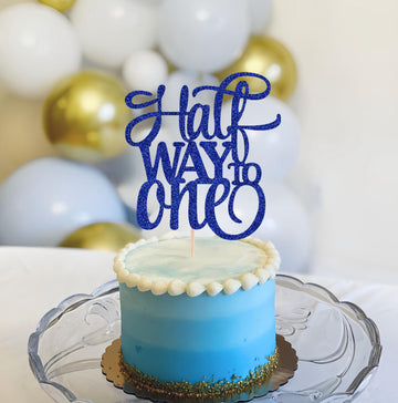 Ahaoray Half Way To One Cake Topper - Blue Glitter 6 Months Birthday Decorations Supplies - Half Birthday Decorations Baby Girl,