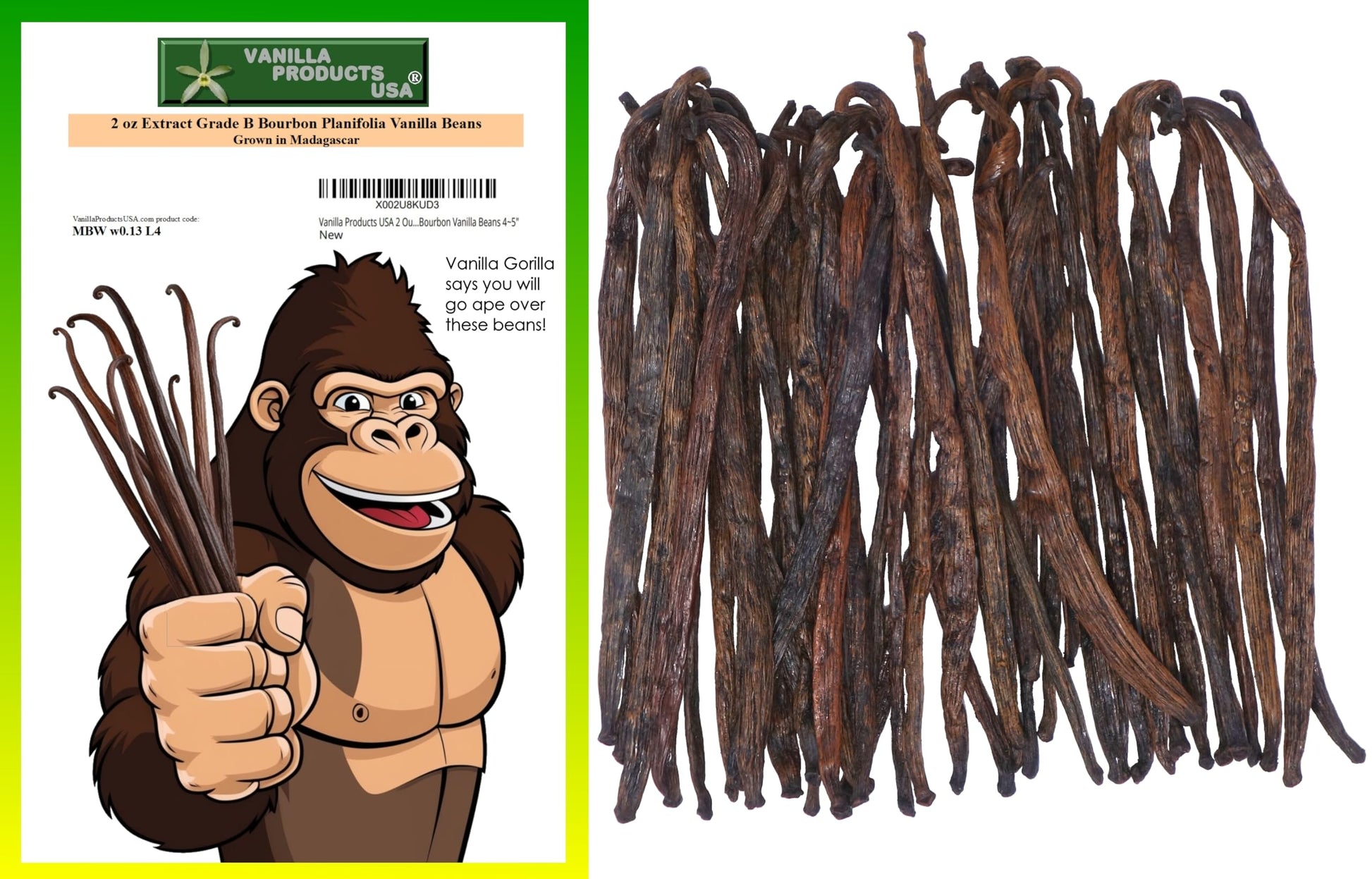 Vanilla Products Usa 2 Ounce Oz Madagascar Extract Grade B Spirit-Inspired Flavor Vanilla Beans 4~5