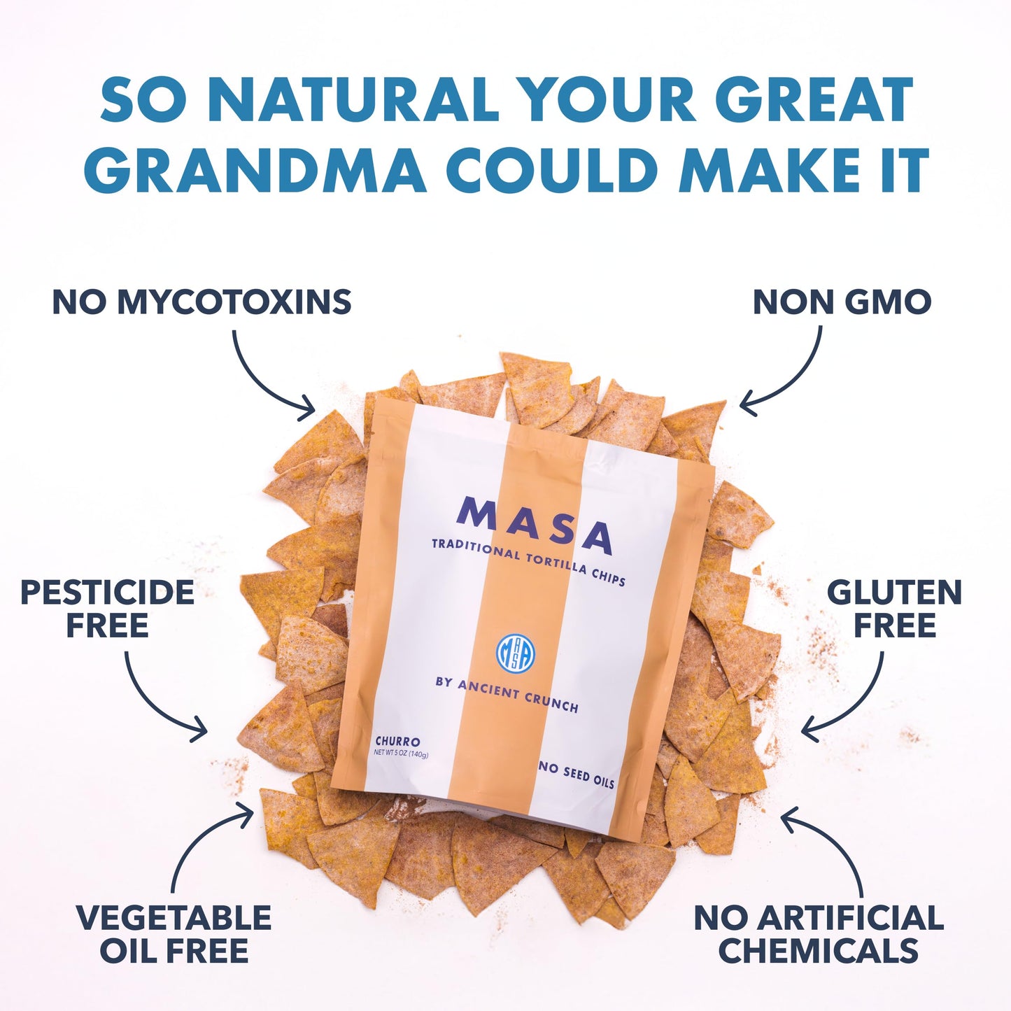 Masa Tortilla Chips - Churro Chips - No Seed Oil Snacks - Corn Tortillachips - Made With Grass Fed Beef Tallow, Powdered Sugar,