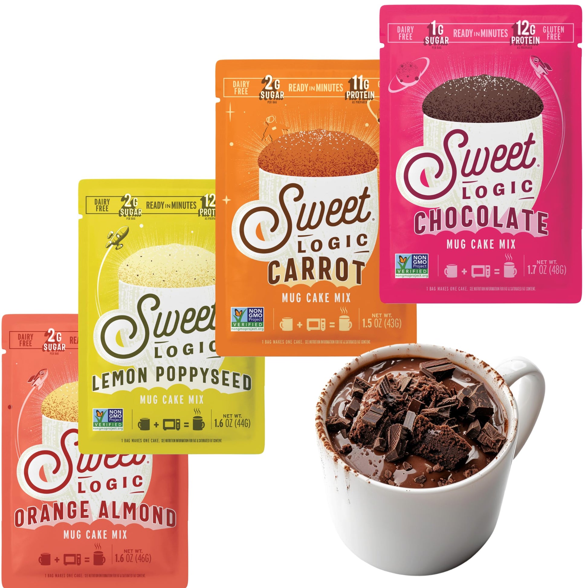 Sweet Logic Keto Dessert Mug Cake Mix - Variety Pack (Triple Chocolate, Carrot Cake, Lemon Poppyseed, Orange Almond) - Low Carb - 1.6 Oz (4 Pack)