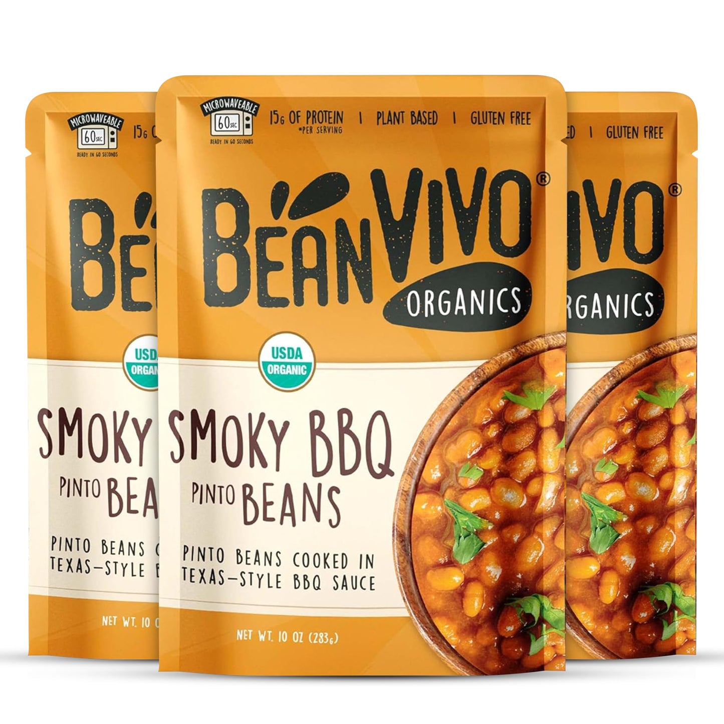 BeanVIVO Organic Plant-Based Protein BBQ Pinto Beans, Gluten-Free, 10 oz (Pack of 3) - Good Source of Fiber, Nutritious Microwave Meals