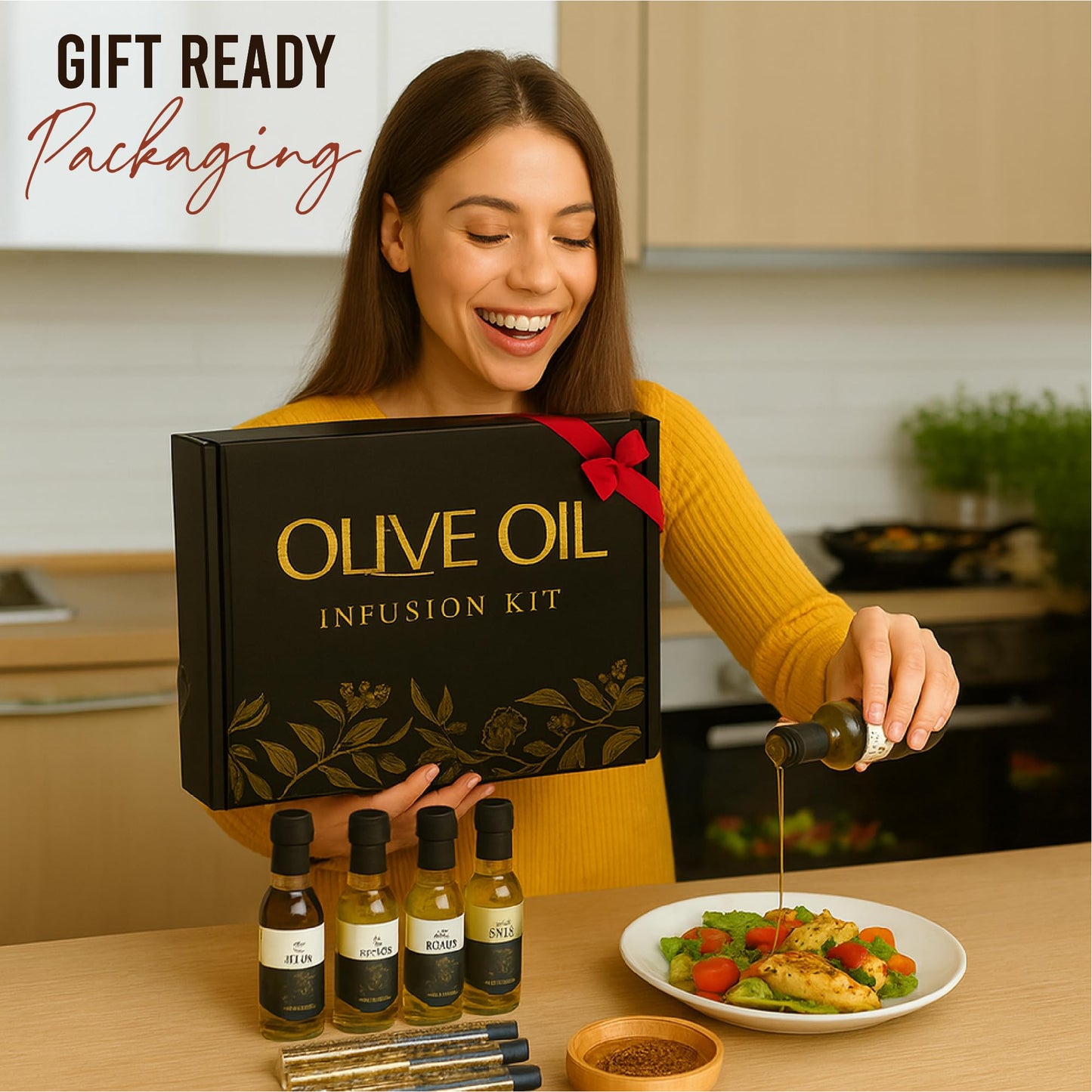 Infused Olive Oil Gift Set – Variety Pack - 4 Flavored Olive Oil Extra Virgin, 3 Spice Flavorful Infusion Blends, Bread Dipping Bowl & Recipe Booklet - Set Of 8 – Gourmet Cooking Gifts For Women