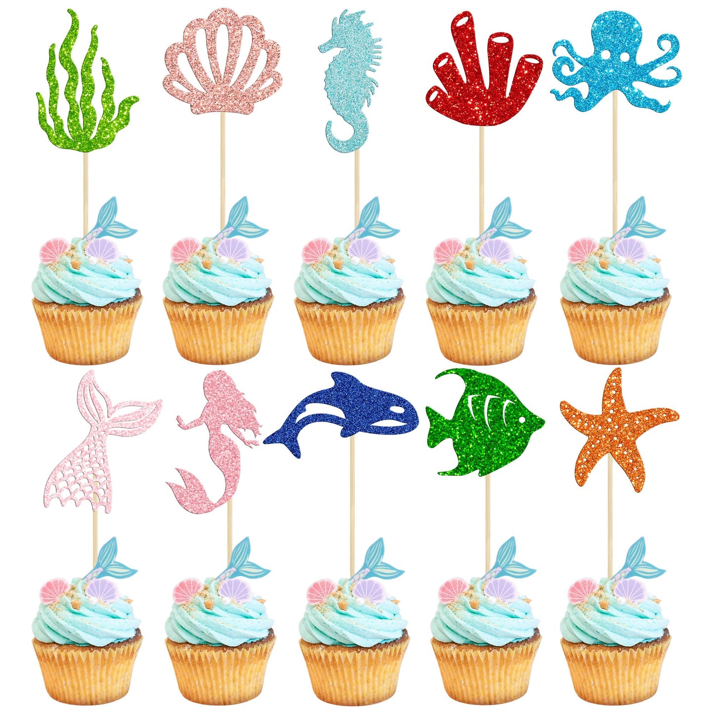 Gyufise 30Pcs Mermaid Cupcake Toppers Glitter Starfish Coral Mermaid Tail Cupcake Picks Octopus Seahorse Jellyfish Cake Decorati