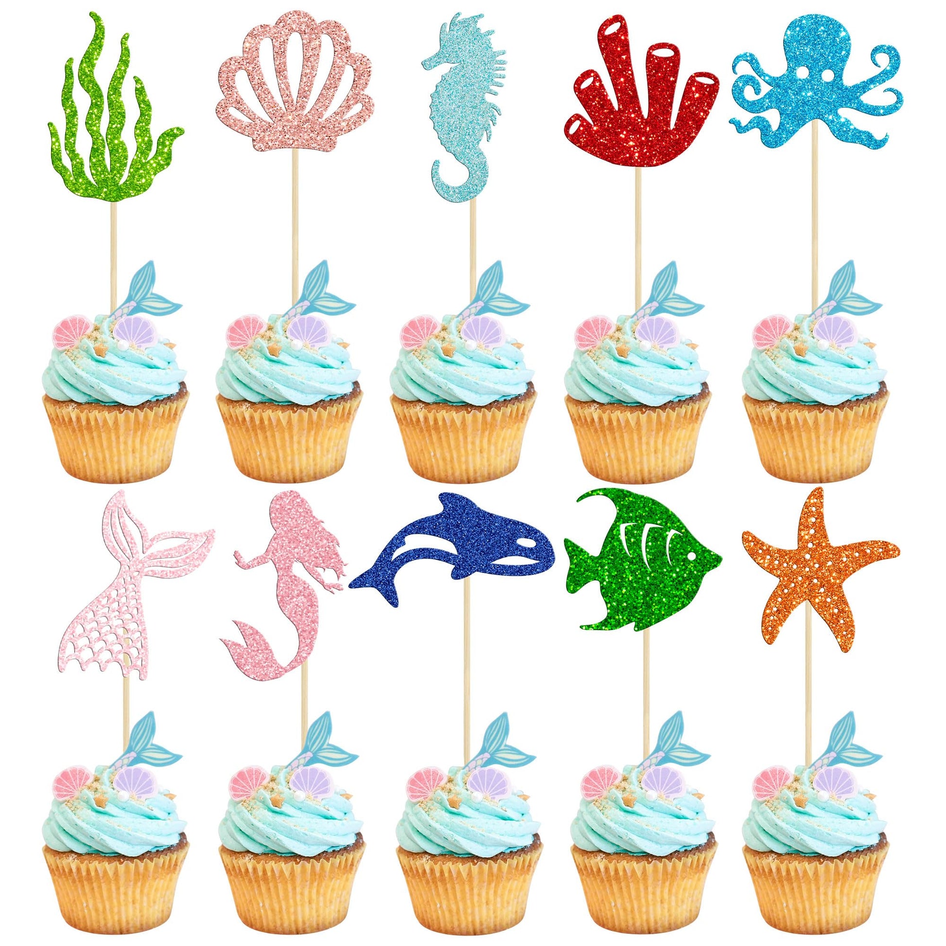 Gyufise 30Pcs Mermaid Cupcake Toppers Glitter Starfish Coral Mermaid Tail Cupcake Picks Octopus Seahorse Jellyfish Cake Decorati