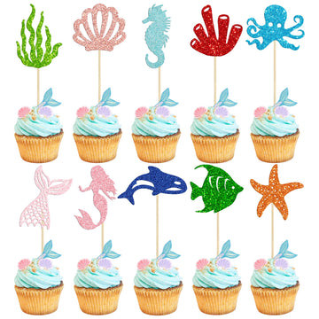 Gyufise 30Pcs Mermaid Cupcake Toppers Glitter Starfish Coral Mermaid Tail Cupcake Picks Octopus Seahorse Jellyfish Cake Decorati