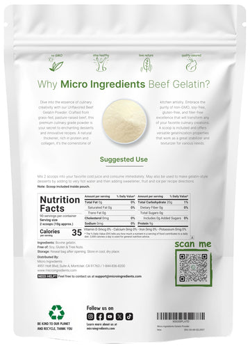Micro Ingredients Beef Gelatin Powder, Unflavored, 32oz, Grass-Fed, Non-GMO, Gluten Free, Model BA-MI-GEL0907