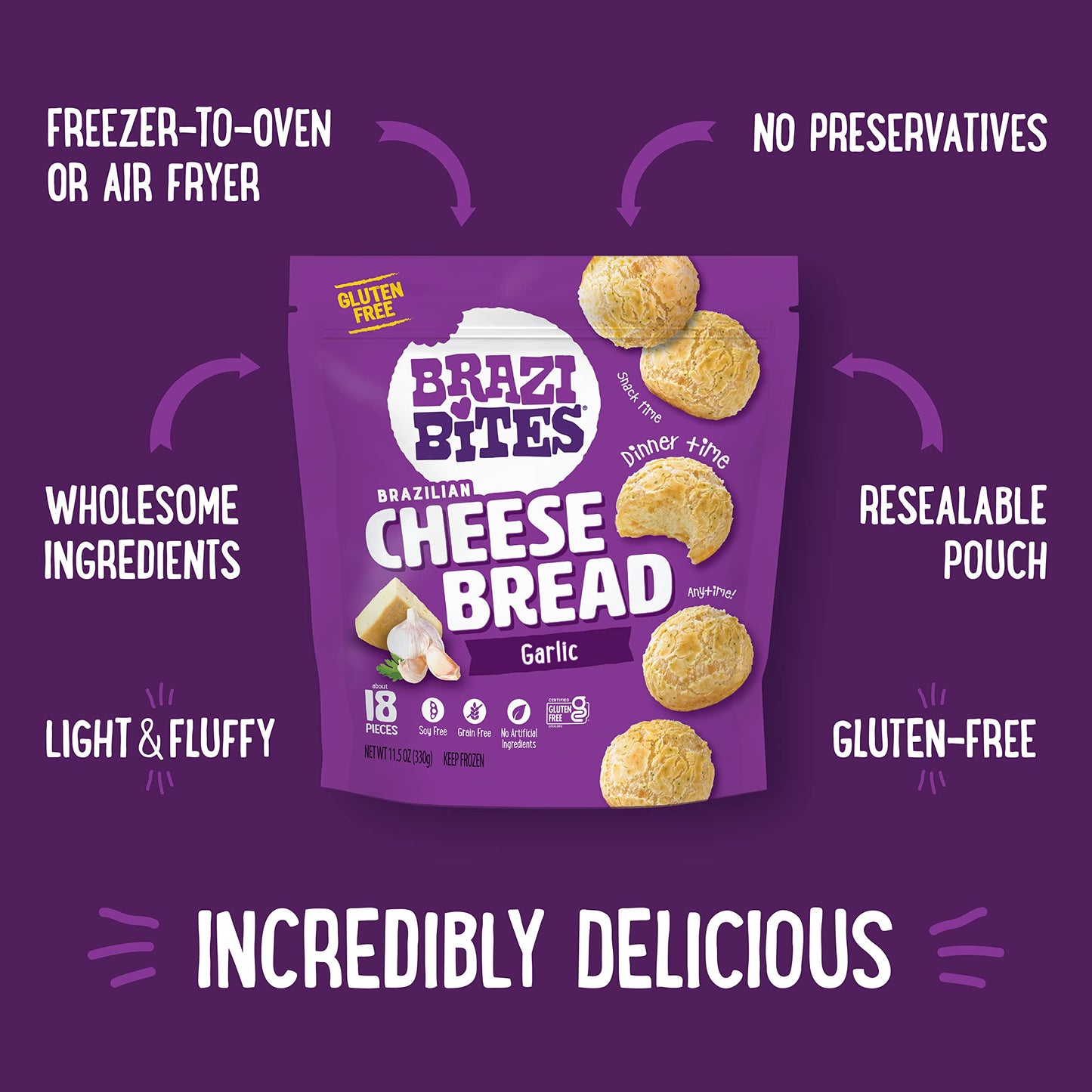Brazi Bites Gluten-Free Brazilian Cheese Bread: Garlic Asiago | Vegetarian Frozen Bread Snacks | Soy-Free | No Artificial Ingred
