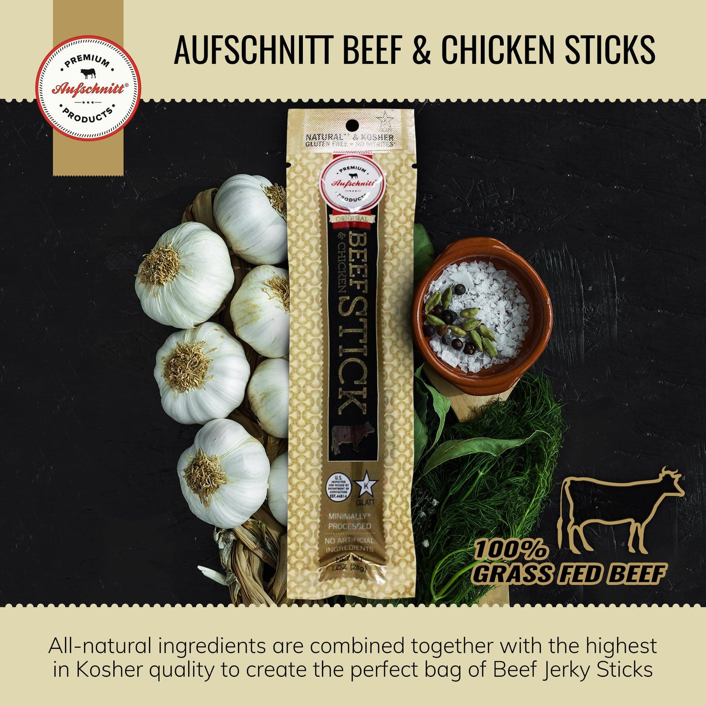 Aufschnitt Grass Fed Beef Jerky Sticks - Low Sodium, Certified Kosher - Made In Usa - Keto & Halal Friendly - 6 Pack, Original