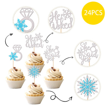 24 Pcs He Asked She Said Yes Cupcake Toppers Glitter Diamond Ring Snowflake Cupcake Picks Bridal Shower Cake Decorations For Win
