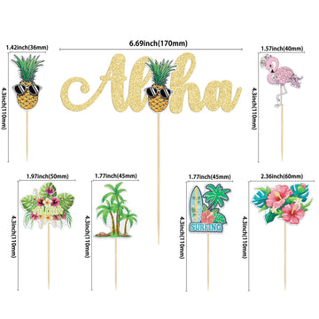 Gyufise 25Pcs Tropical Theme Cupcake Toppers With Aloha Cake Topper Palm Tree Turtle Leaves Flamingo Pineapple Cupcake Picks For