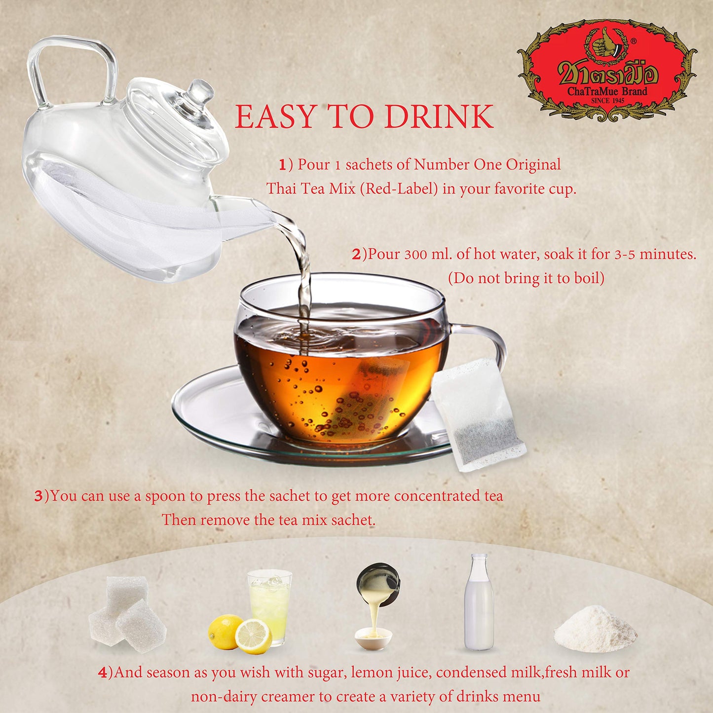 Number One Original Thai Tea Mix Chatramue Thai Tea For Boba Tea, Hot Tea, Iced Tea (Red Label 50 Tea Bags)