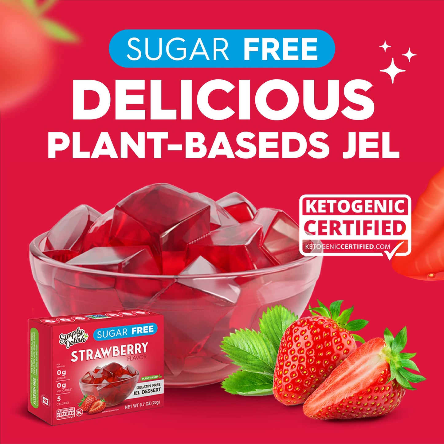 Simply Delish Plant Based Natural Strawberry Jel Dessert - 6 Pack - Zero Sugar, 0g Net Carbs, Gluten Free, Vegan, Diabetic & All