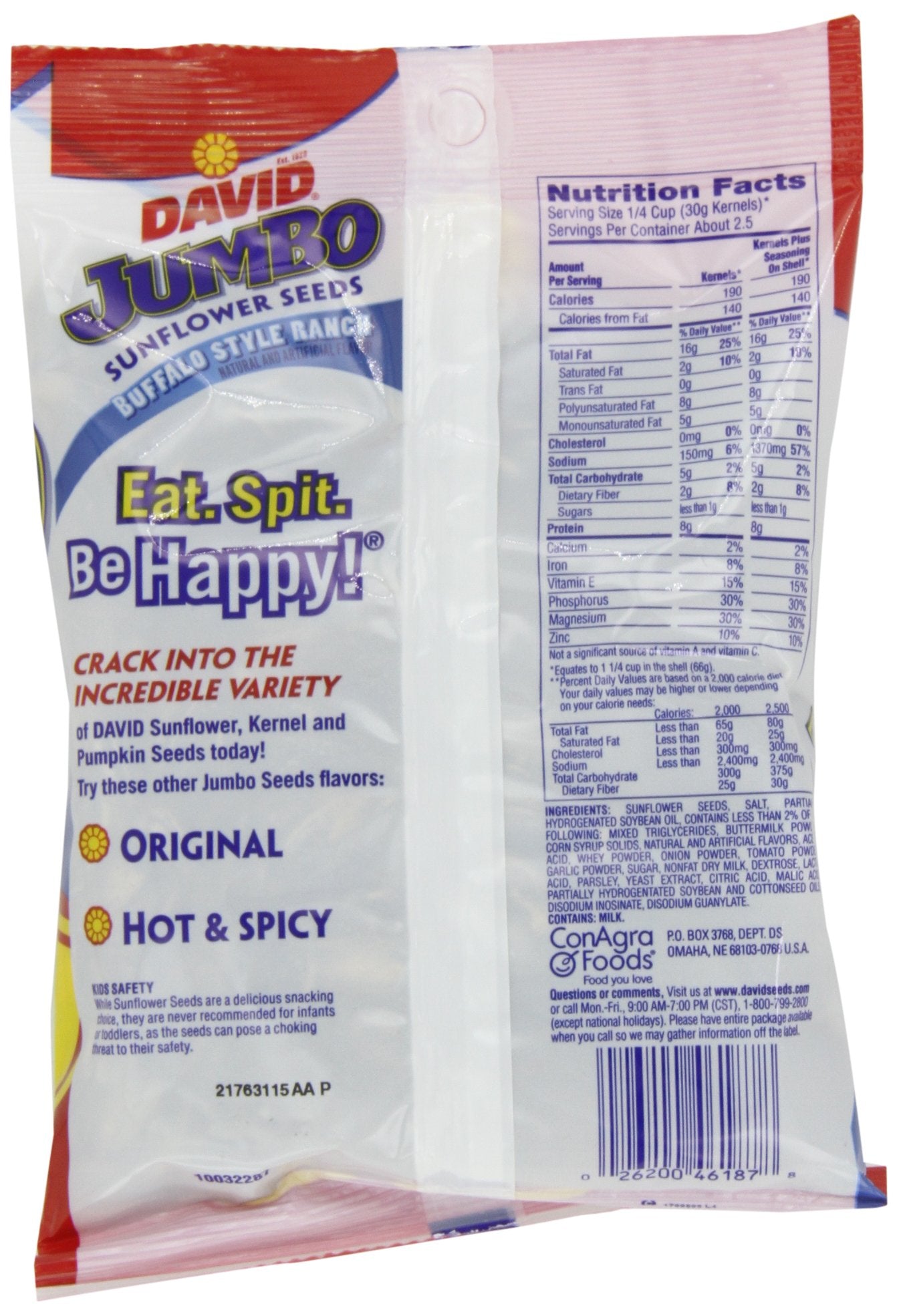 David Jumbo Roasted Salted Sunflower Seeds, Buffalo Ranch Flavor, 5.25oz Bags (Pack of 10)