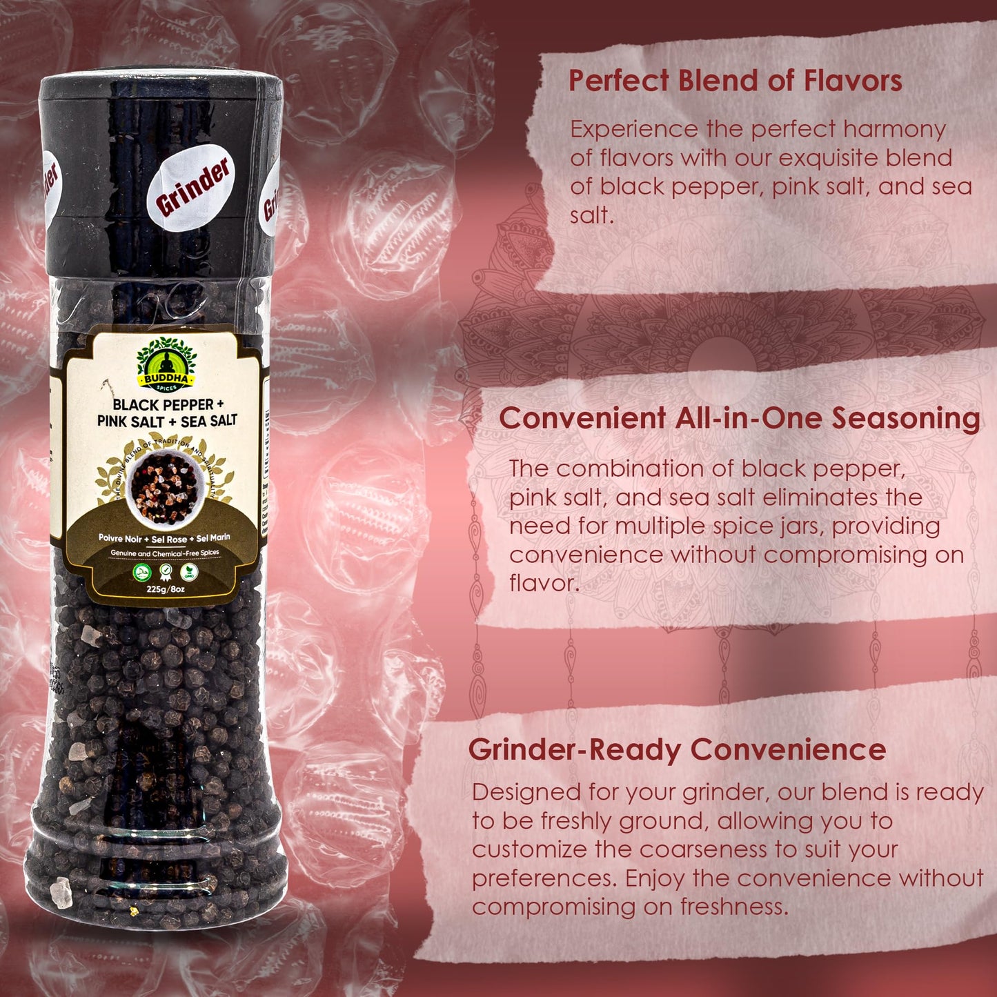 Buddha Spices Inc. Himalayan Pink Salt & Sea Salt with Black Peppercorns - 8oz (225g) Grinder
