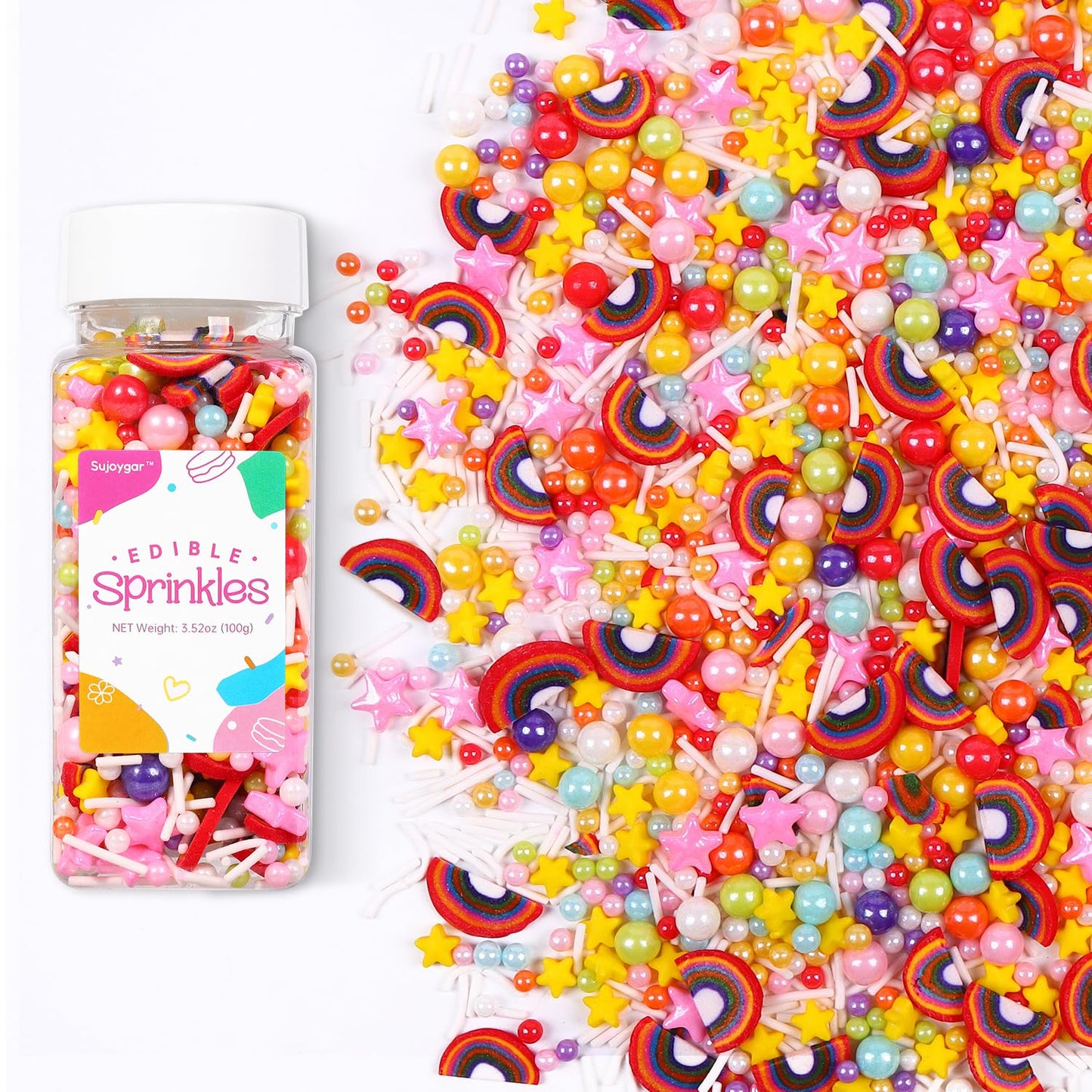 Rainbow Sprinkles for Cake Decorating, Pink Yellow Green Sprinkles Mix, Edible Sprinkles for Cupcake Toppers Ice Cream Cookie Ba
