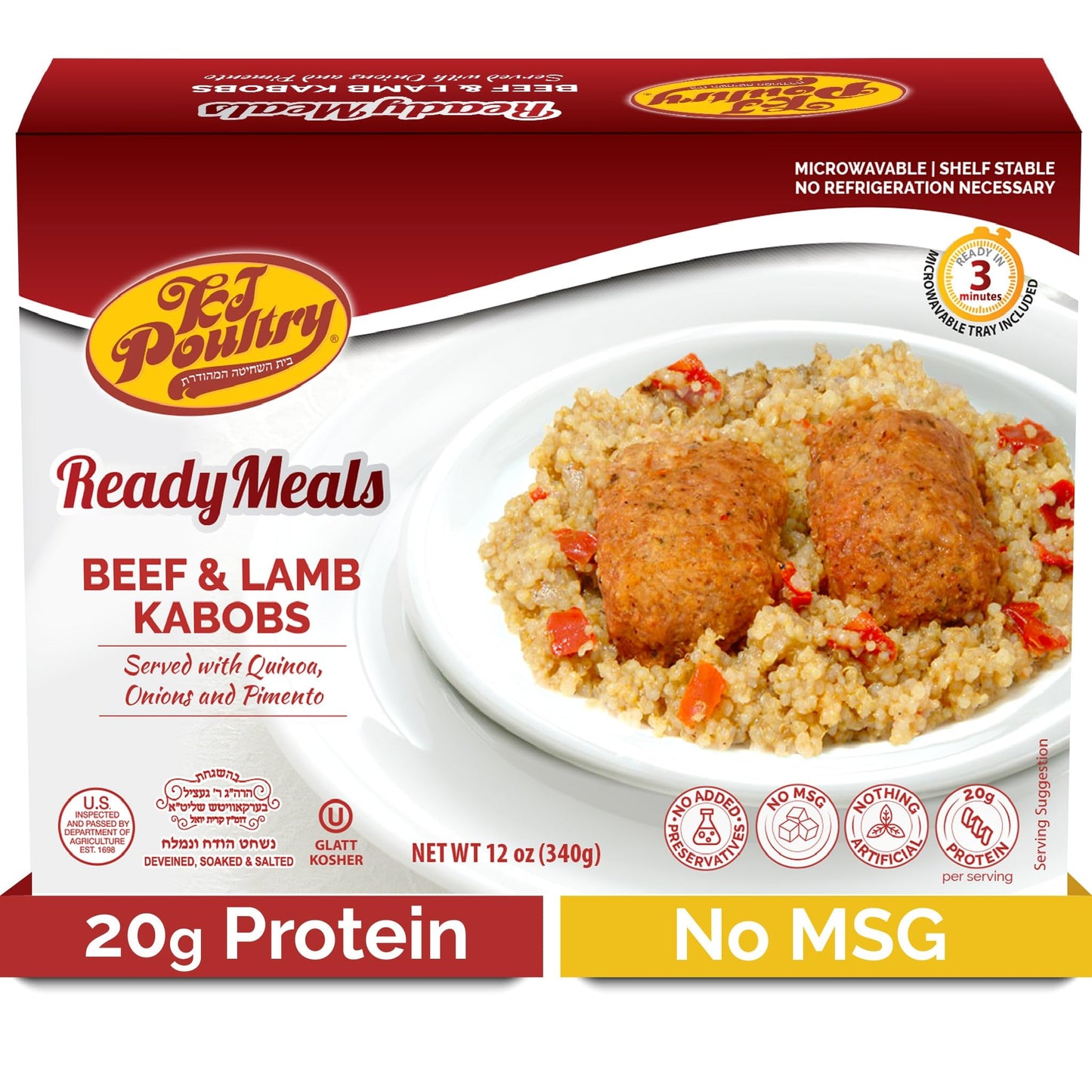 KJ Poultry Kosher Ready Meals - Beef Lamb Kabob & Quinoa, MRE Meat Meals Ready to Eat (1 Pack) Prepared Entree Fully Cooked, She