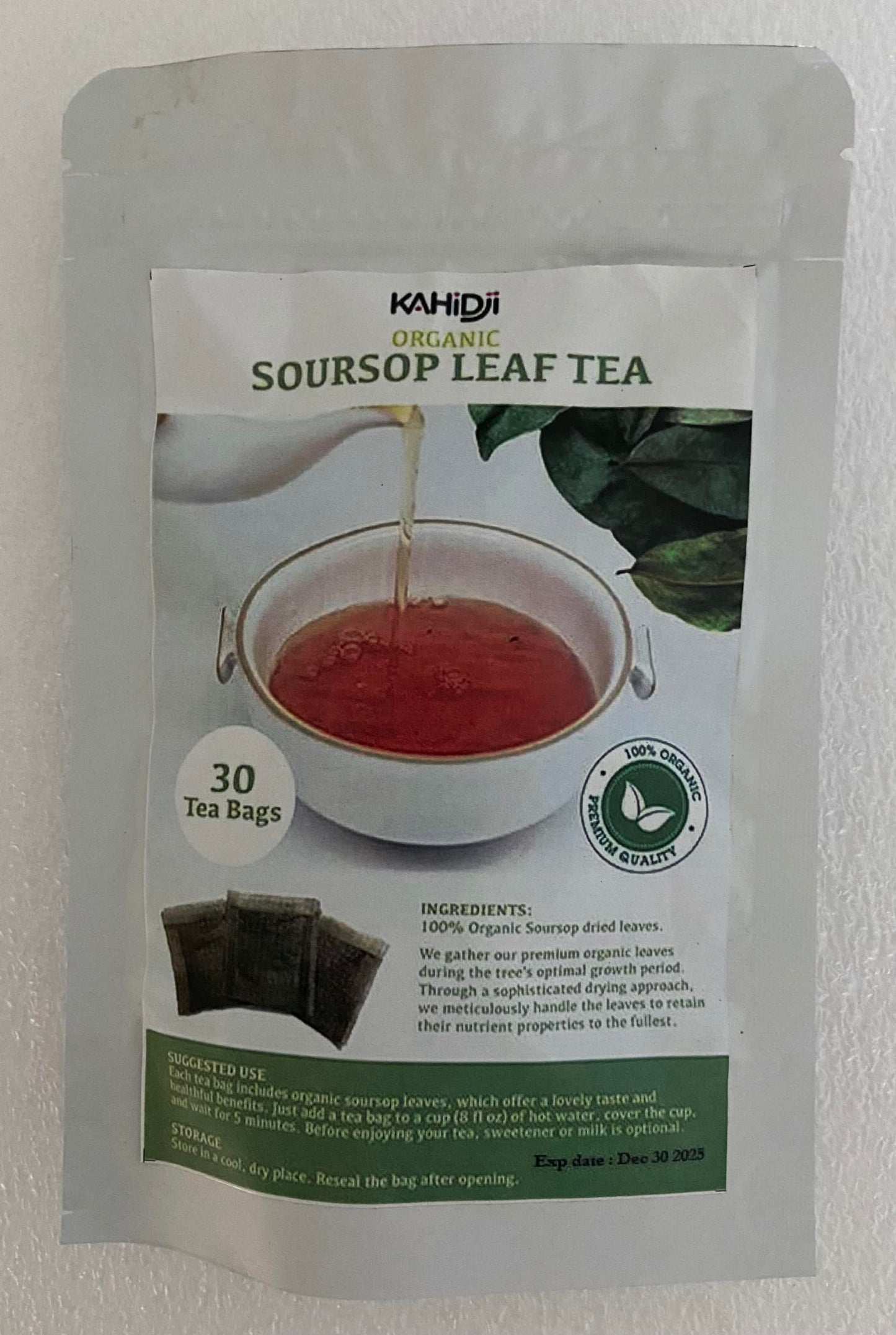 KAHIDJI Premium Soursop Graviola Leaf Tea Bags, 100% Natural, 30 Bags, Sugar/Caffeine/Gluten Free, Non-GMO, Green