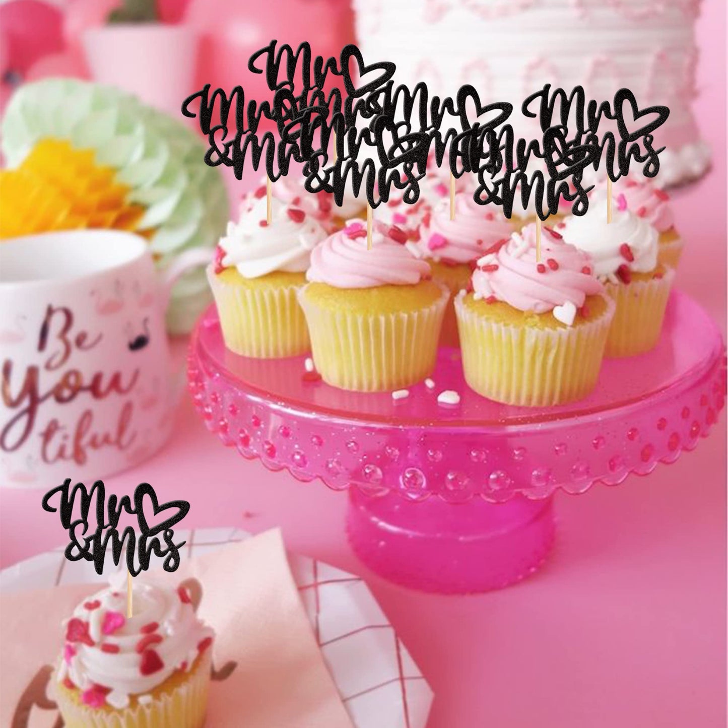 36 Pcs Mr & Mrs Cupcake Toppers With Love Heart Bridal Shower Cupcake Picks For Wedding Engagement Theme Party Cake Decorations