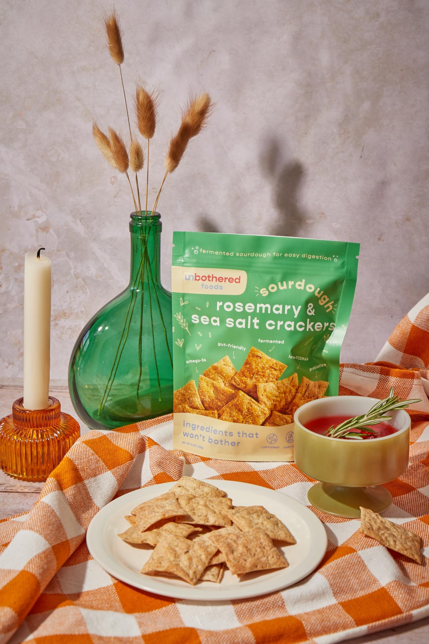 Unbothered Foods Rosemary & Sea Salt Sourdough Crackers - Gut-Friendly & Easy to Digest, Non-GMO, No Added Sugar, Nut-Free, Perf