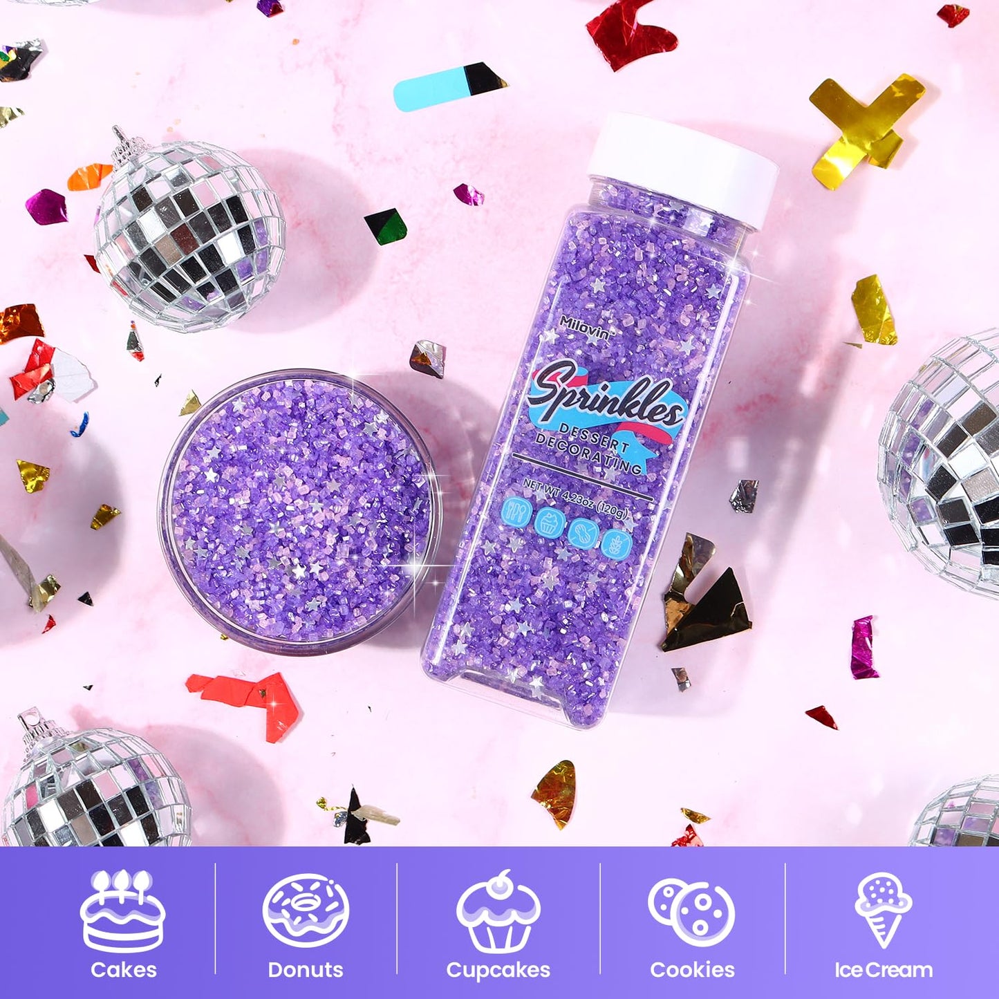 Purple Sanding Sugar For Baking, Pink Sanding Sugar, Sanding Sugar Metallic Silver Glitter Mix, Shimmer Silver Star Sprinkles, P
