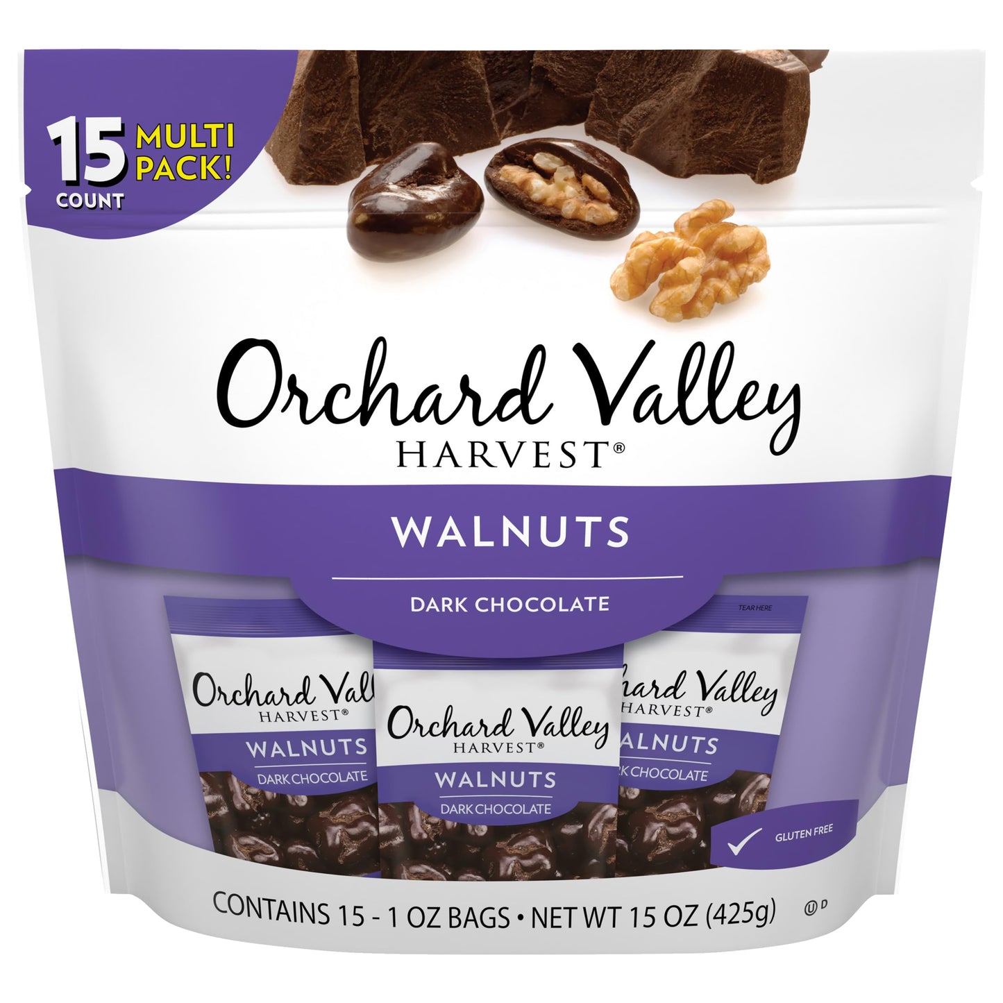 Orchard Valley Harvest Dark Chocolate Walnuts  1Oz Bags (Pack Of 15) - Snacks For 18+ Uses & Kids  Gluten-Free California Walnuts Dipped In 64% Cacao Dark Chocolate  3G Fiber  Chocolate Walnuts Treats