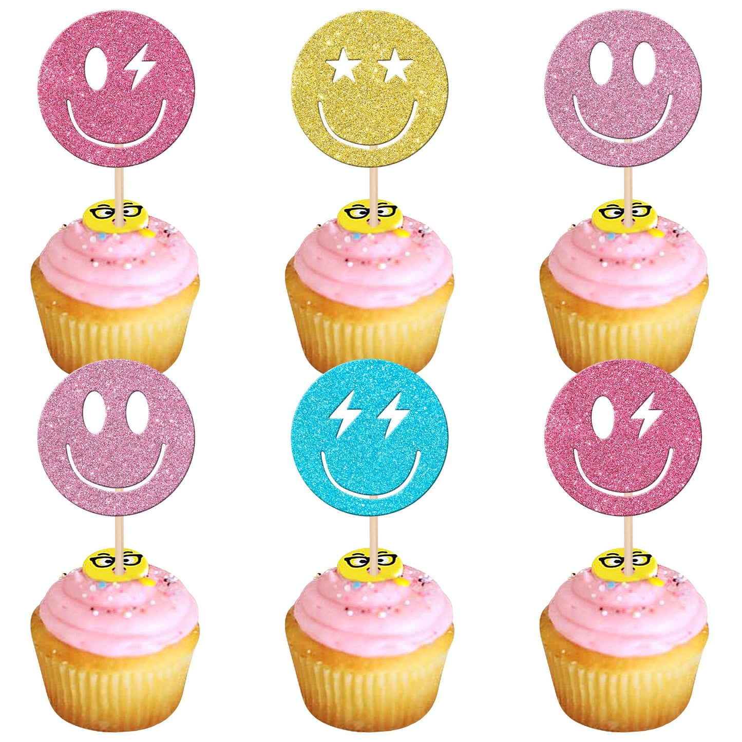 24 Pcs Preppy Smile Face Cupcake Toppers Colorful Glitter Star Lightning Y2K 2000S Pink Party Bachelorette Cupcake Picks For Pre