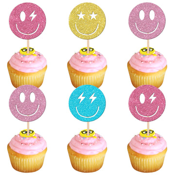 24 Pcs Preppy Smile Face Cupcake Toppers Colorful Glitter Star Lightning Y2K 2000S Pink Party Bachelorette Cupcake Picks For Pre