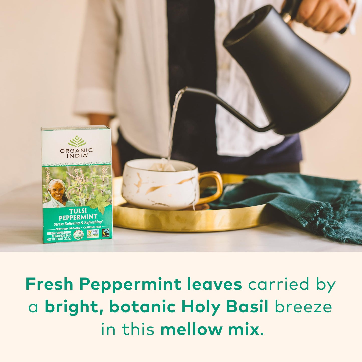 ORGANIC INDIA Tulsi Peppermint Tea - Caffeine Free Herbal Mint - 18 Infusion Bags, 3 Pack - Vegan, USDA Organic, Fairtrade