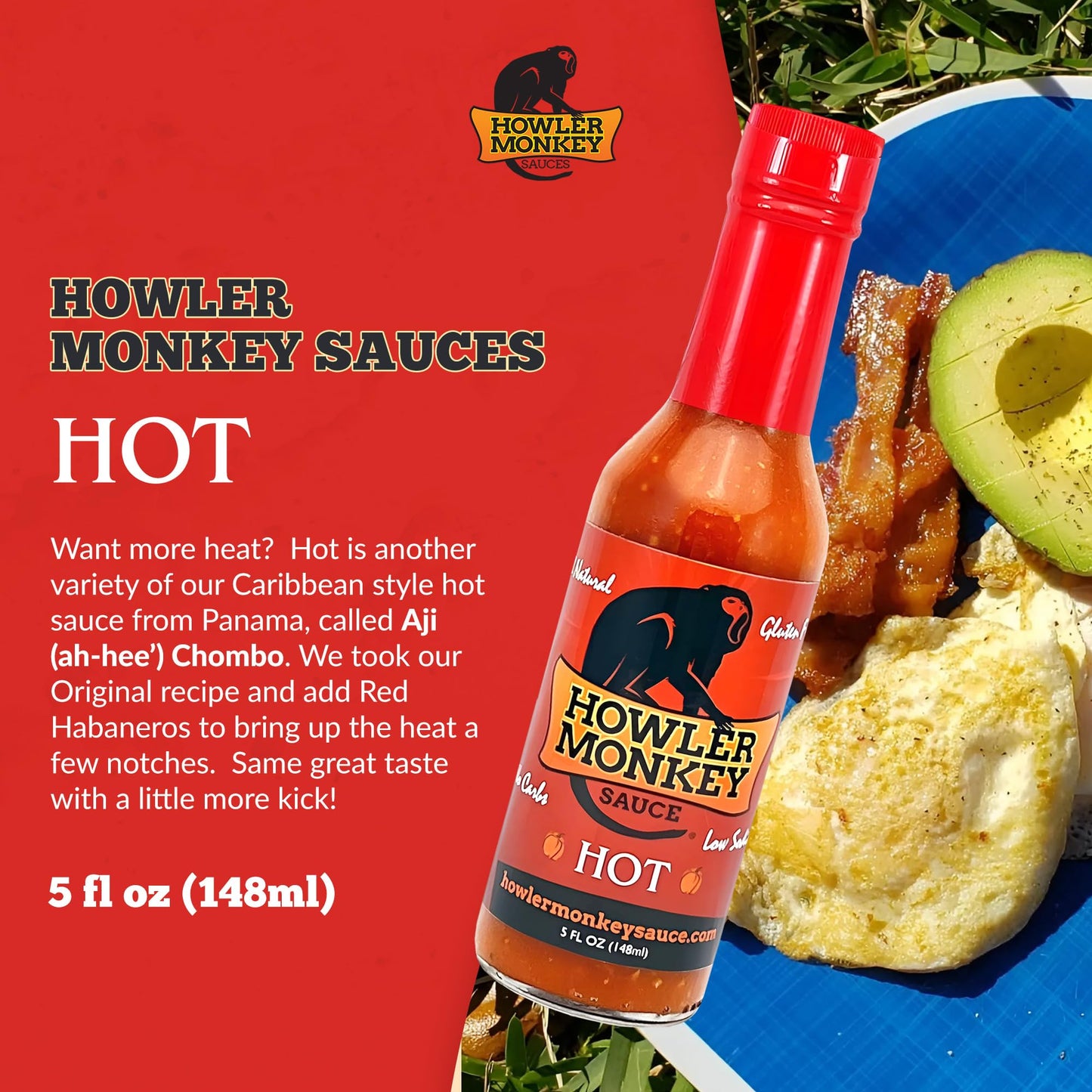 Howler Monkey Sauce Hot - Panamanian Style Hot Sauce With Aji Chombo Pepper - Gluten Free, No Carbs, Low Sodium - Caribbean Flav