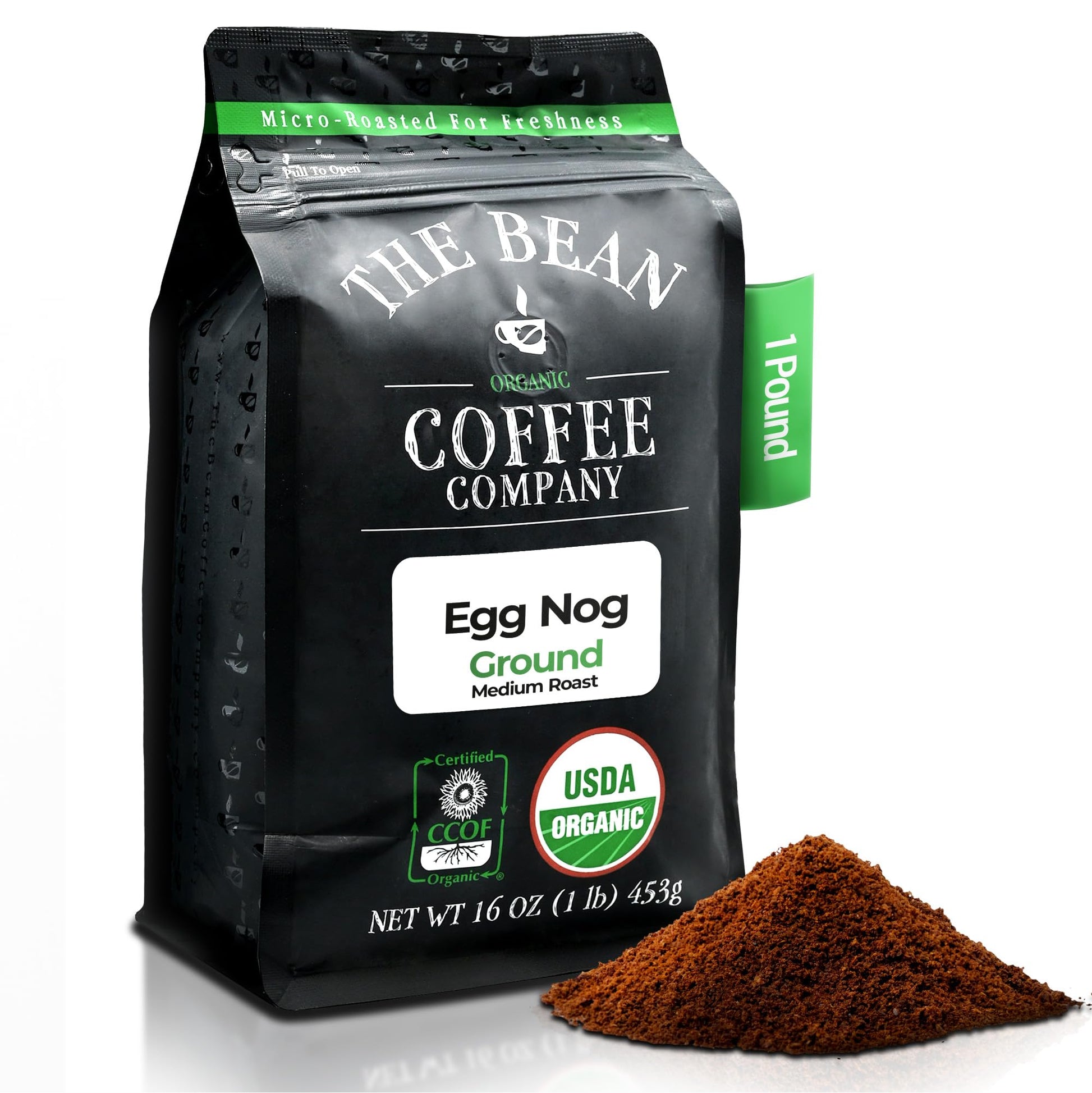 The Bean Organic Coffee Company Egg Nog, Medium Roast, Ground Coffee, 16-Ounce Bag, Caf   molido tostado org  nico