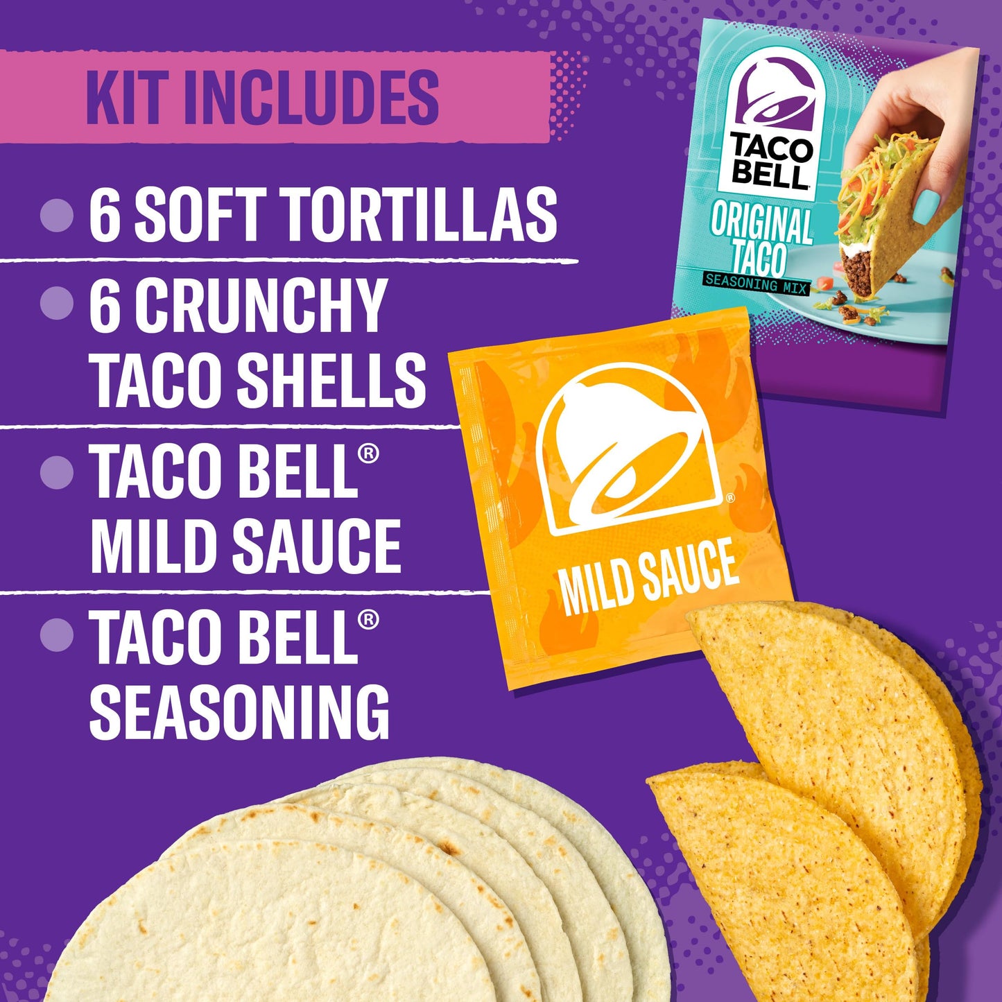 Taco Bell Crunchy & Soft Taco Cravings Kit with 6 Soft Tortillas, 6 Crunchy Taco Shells, Taco Bell Mild Sauce & Seasoning, 12.9