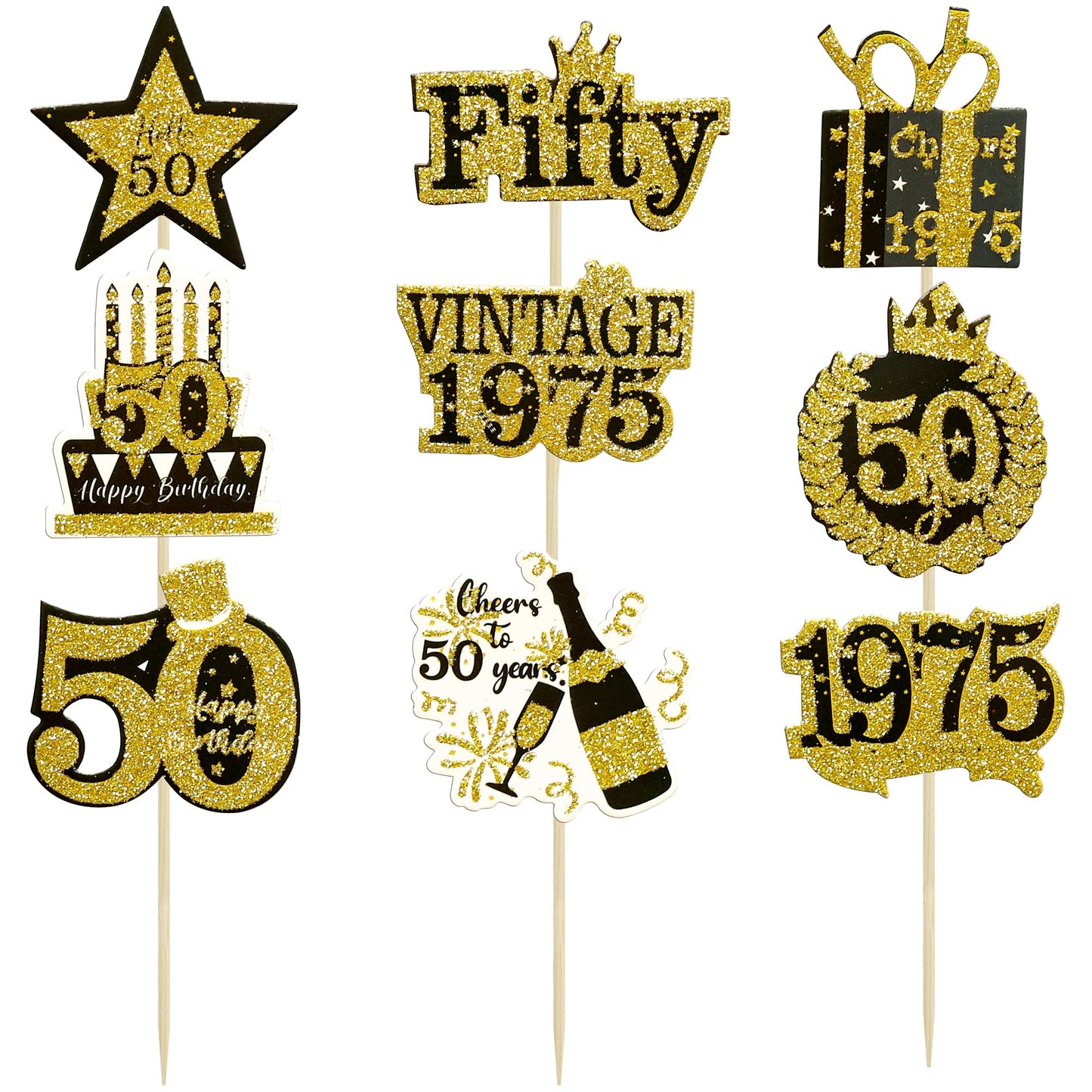 Gyufise 36Pcs Happy 50Th Birthday Cupcake Toppers Glitter Black Gold Fifty Hello 50 Vintage 1975 Cupcake Picks Cheers To 50 Year