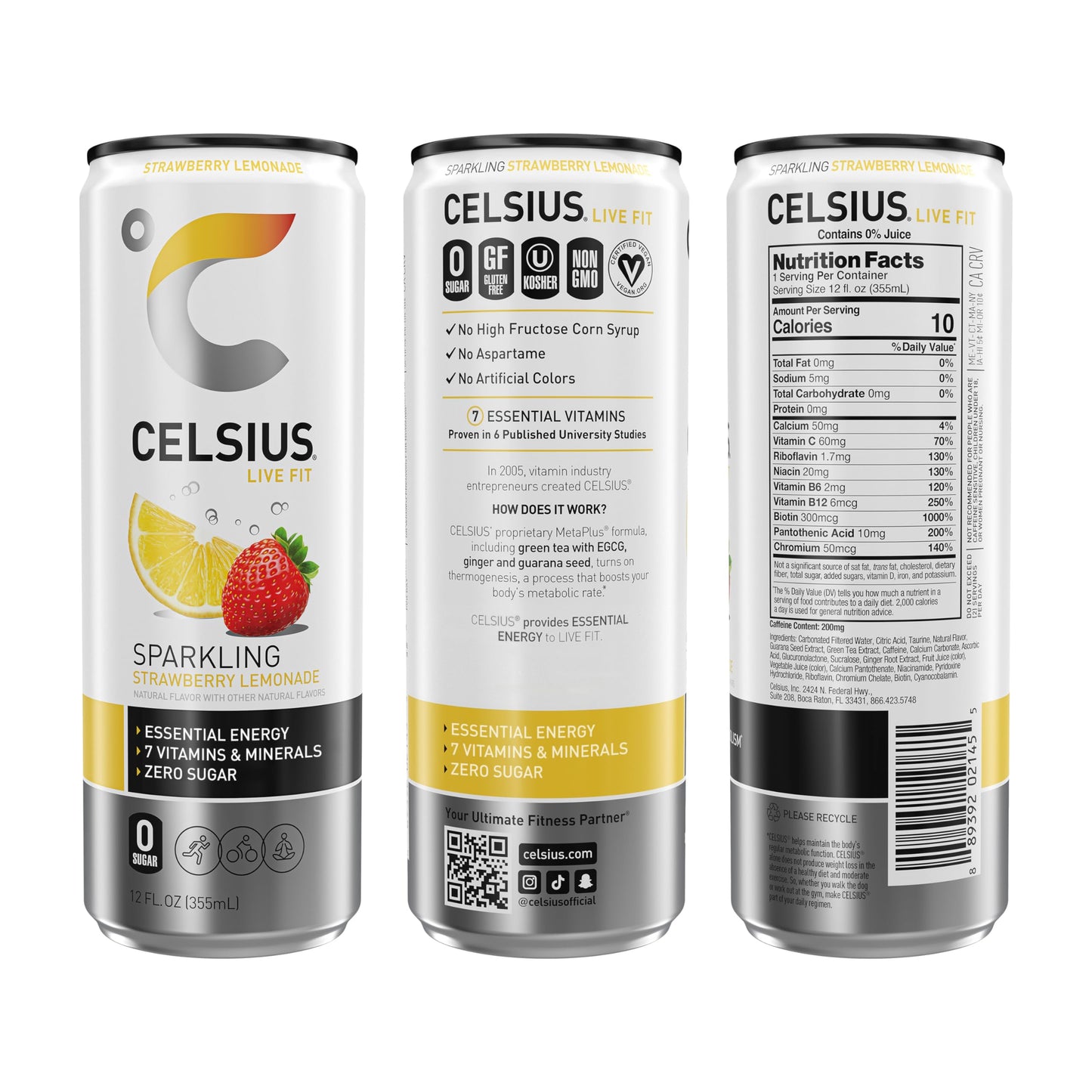 CELSIUS Sparkling Energy Drink, Strawberry Lemonade Flavor, 12 Fl Oz, Pack of 12, Model FGSS1254
