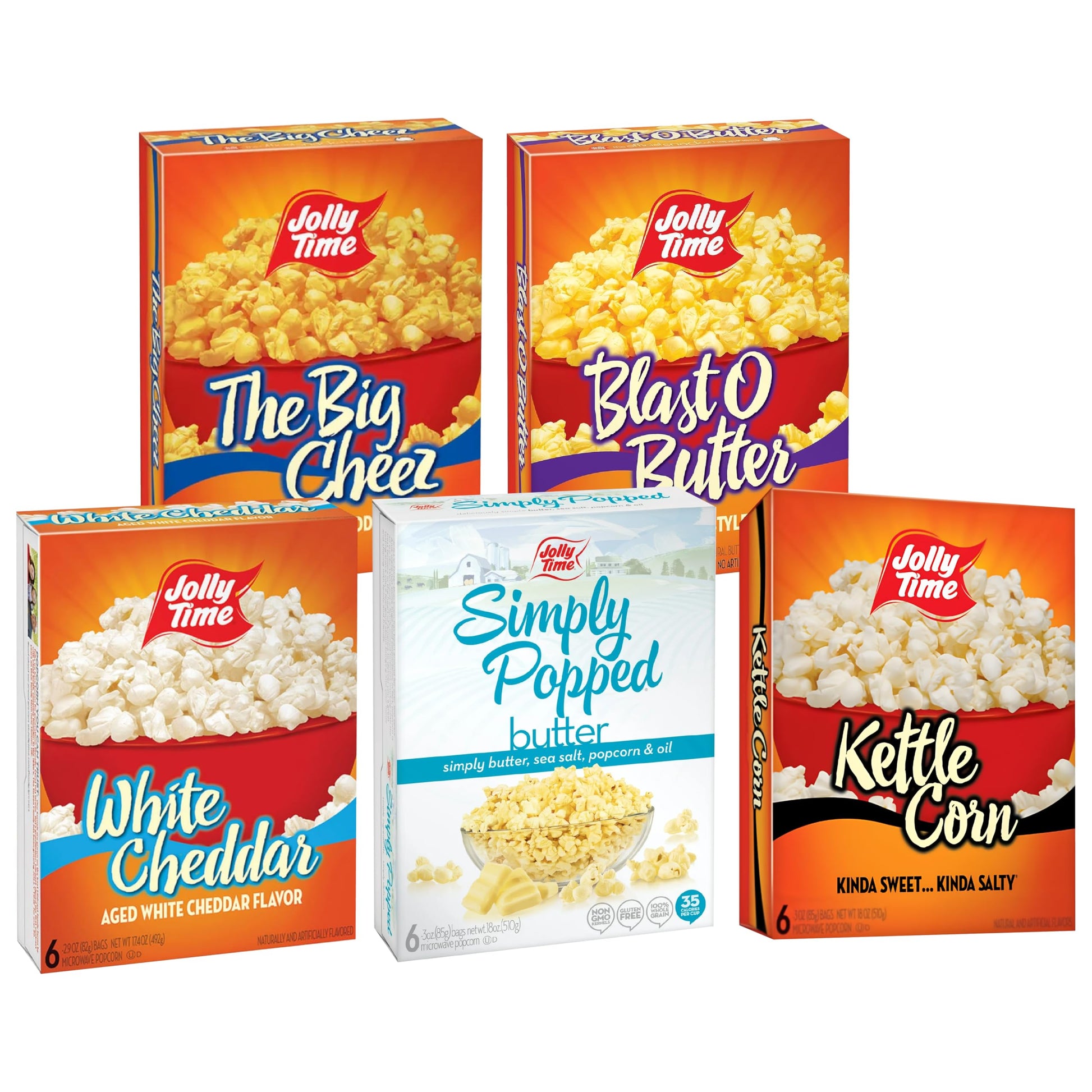 Jolly Time Microwave Popcorn Variety Pack - 6 Bags (3 oz each) - Blast O Butter, The Big Cheez, Kettle Corn, White Cheddar, Simply Popped Butter