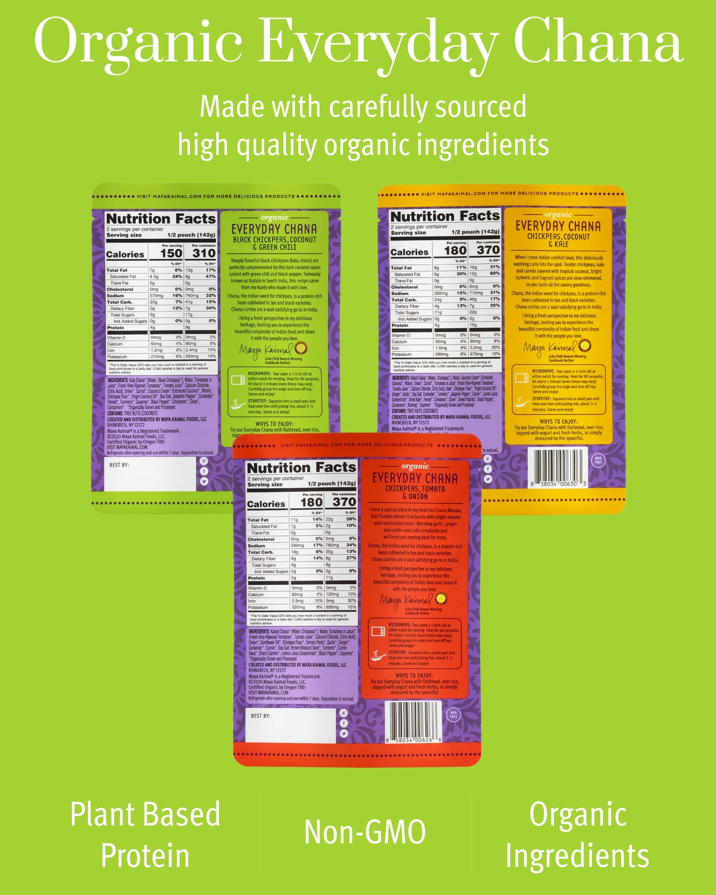 Maya Kaimal Organic Indian Everyday Chana Variety Pack - 10Oz, Pack Of 3-3 Flavors: Tomato & Onion, Coconut & Kale, Coconut & Gr